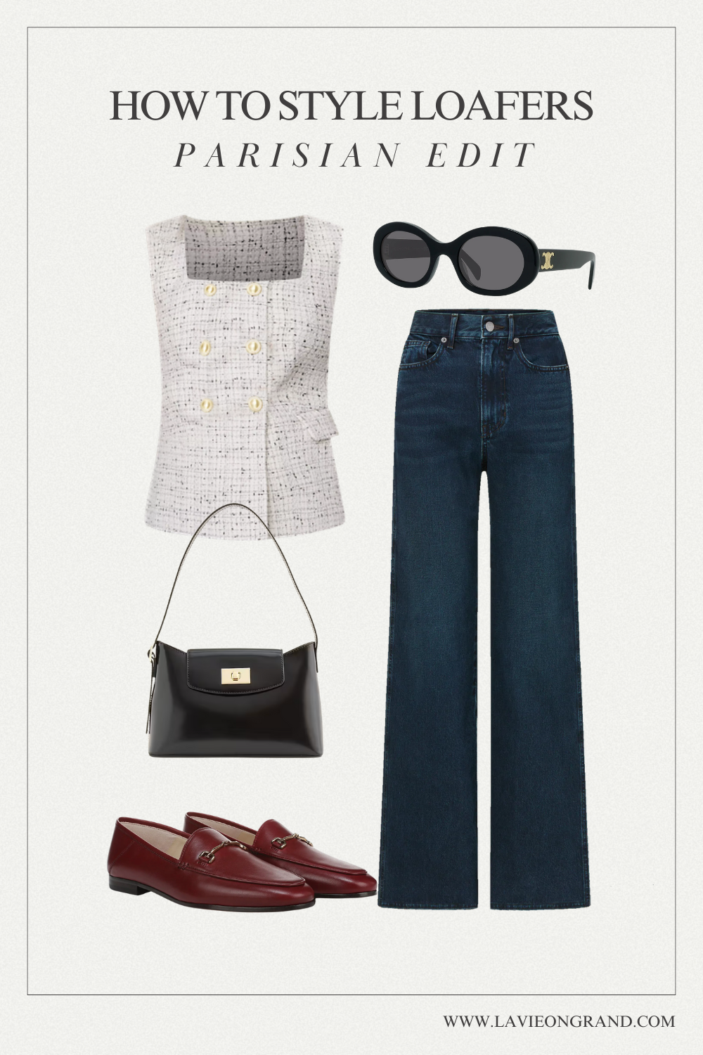 Vest with darn denim, burgundy loafers and black bag for Parisian fall look.