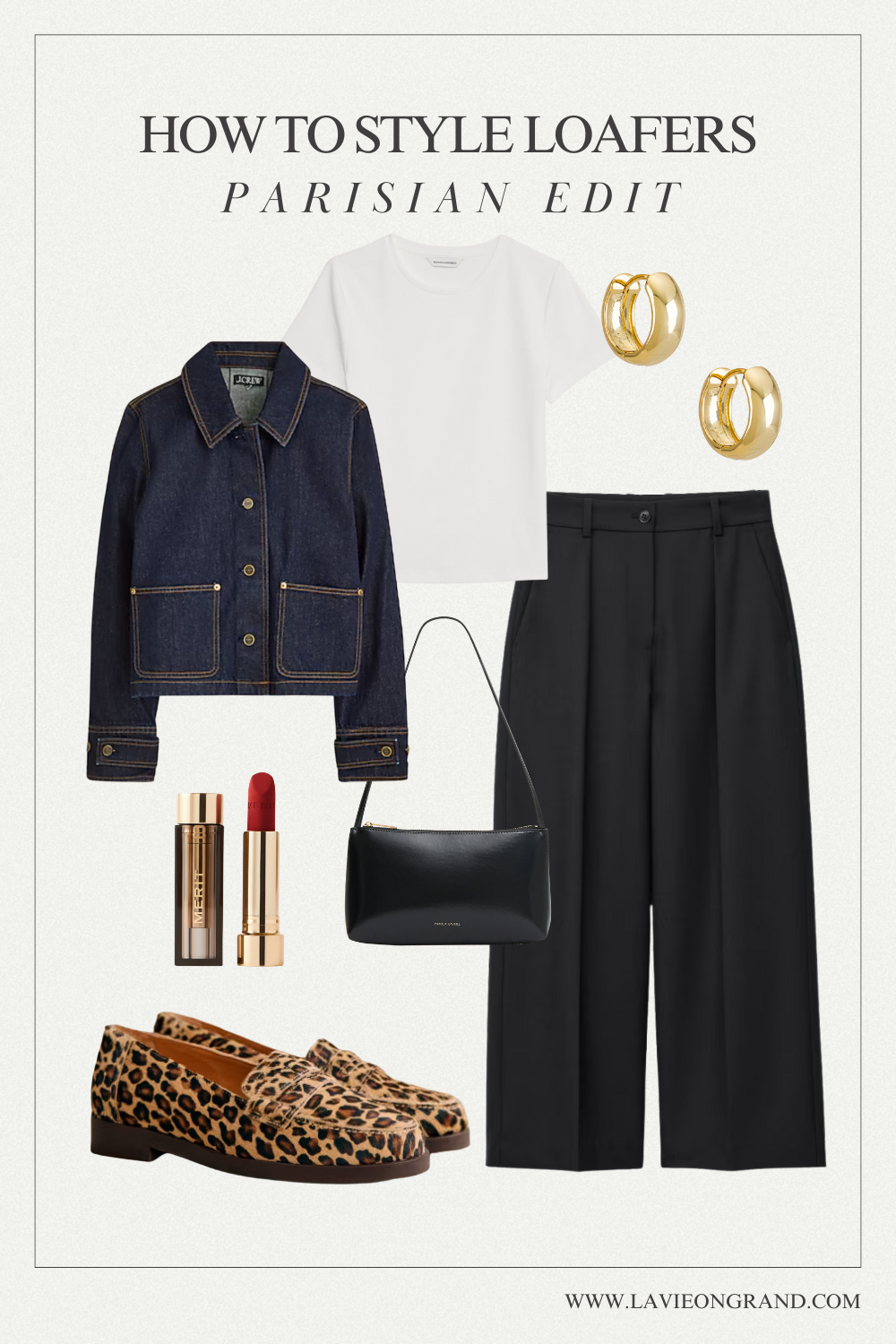 Denim jacket with black pants plus loafer look like a Parisian would wear in the fall season.