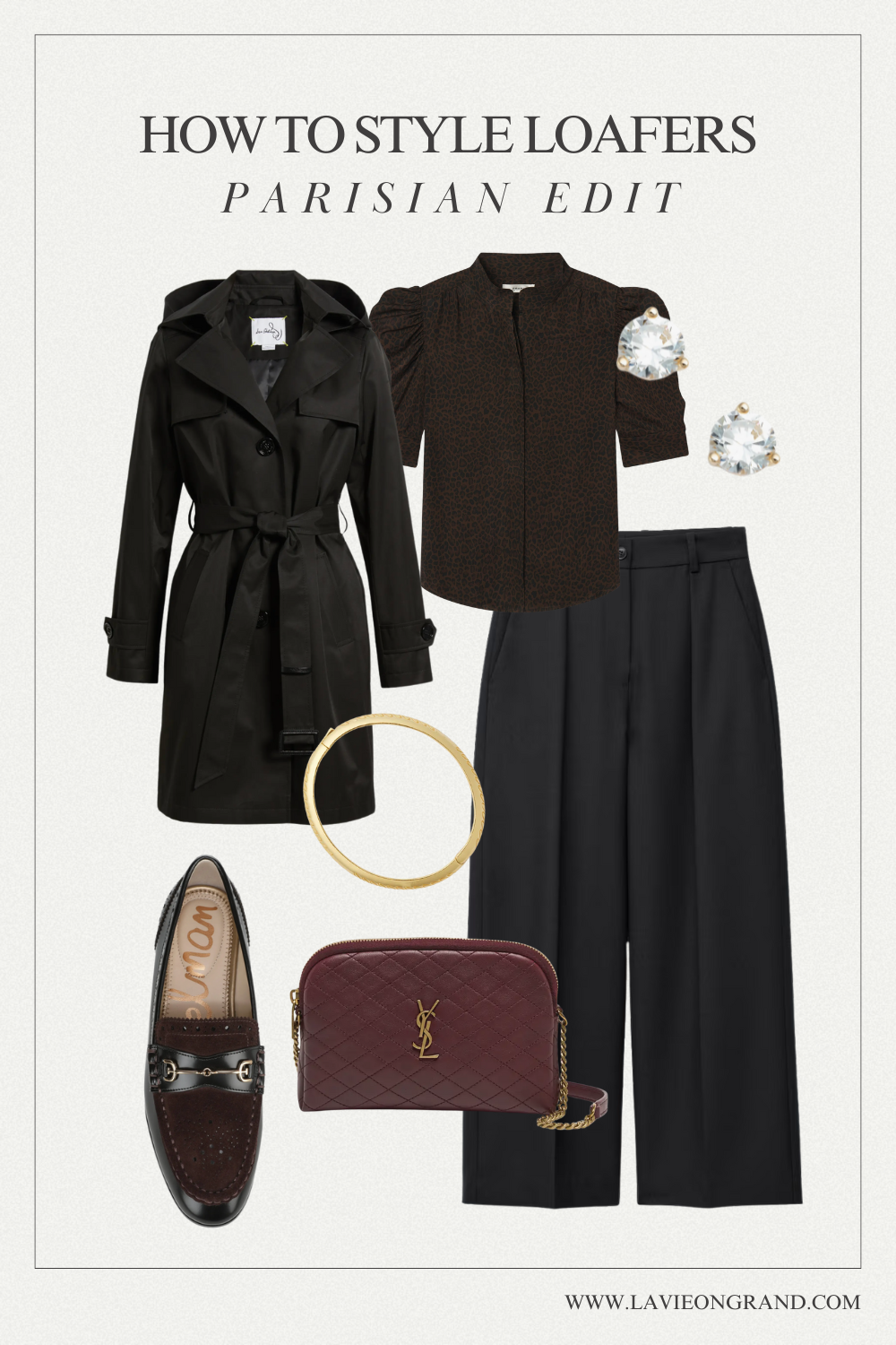 Trench coat with black trousers and loafers for fall. 