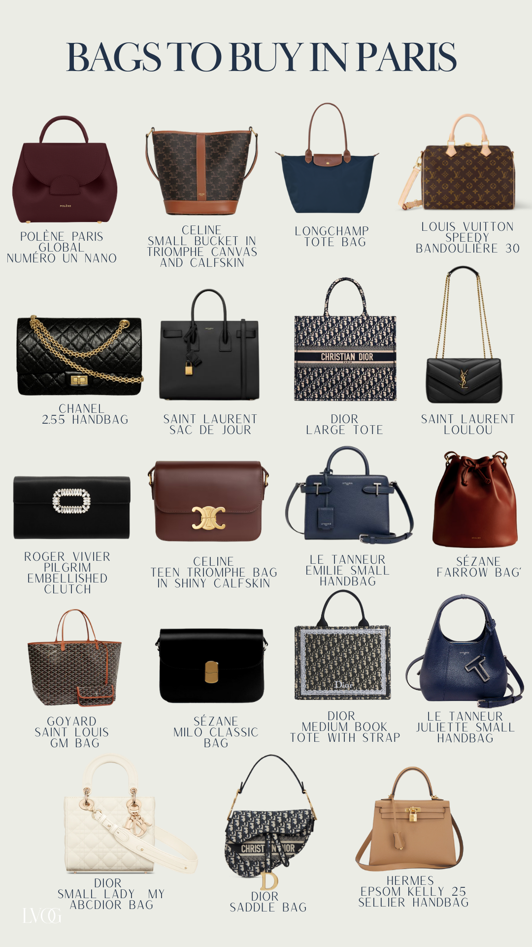 Graphic of 18 bags to buy in Paris from Louis Vuitton, to Dior to Celine.