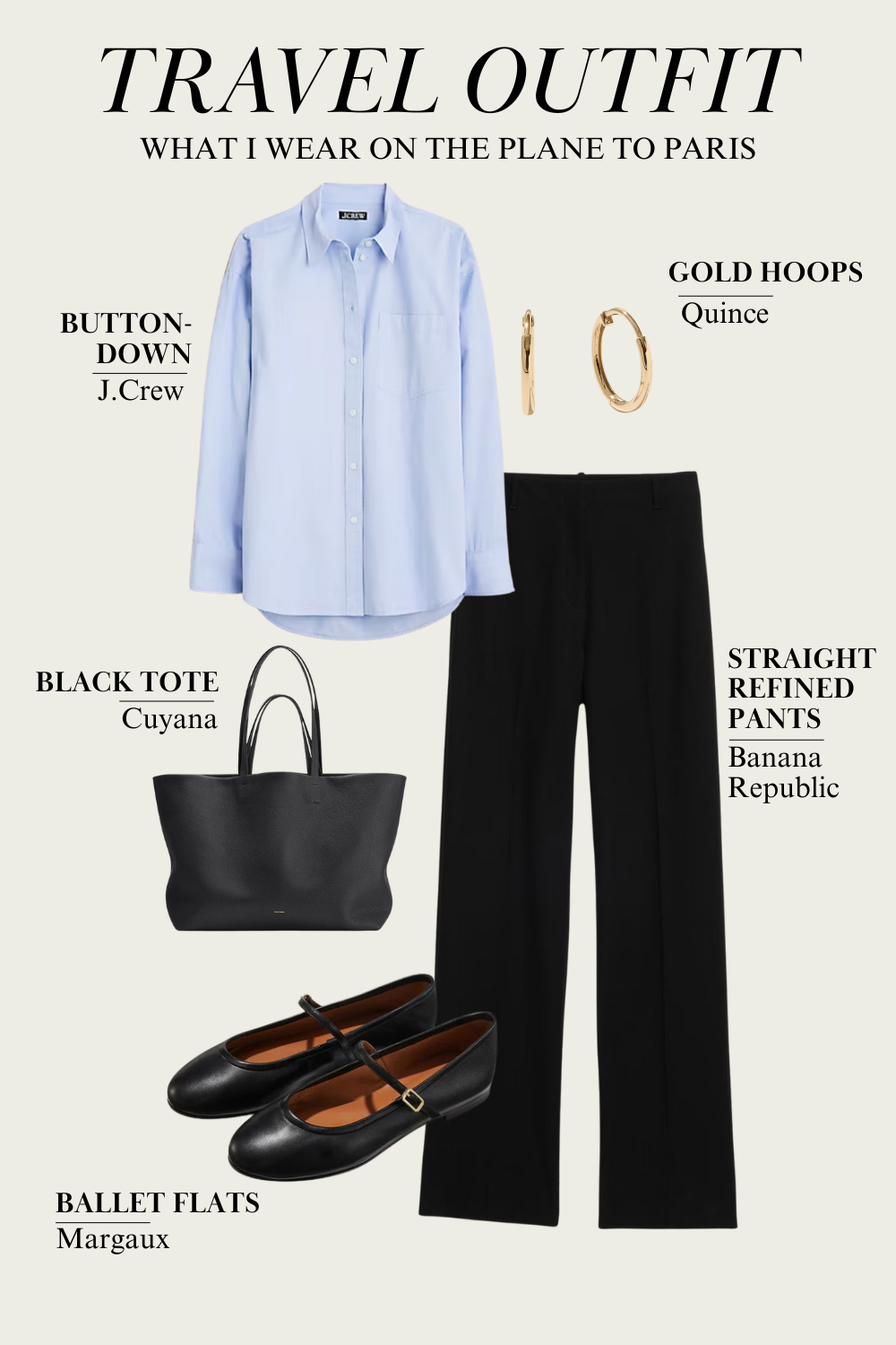Blue button up with black trousers, black flats and black tote- outfit to wear to paris.