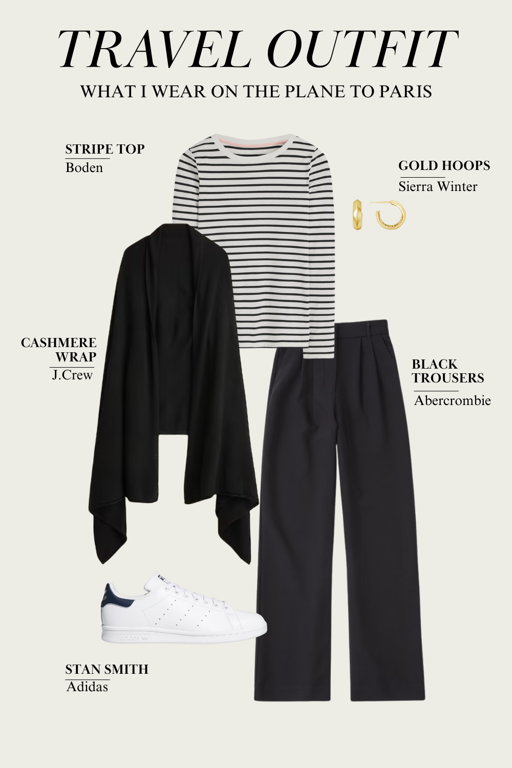 Graphic of stripe top with black wrap, sneakers, and black trousers.