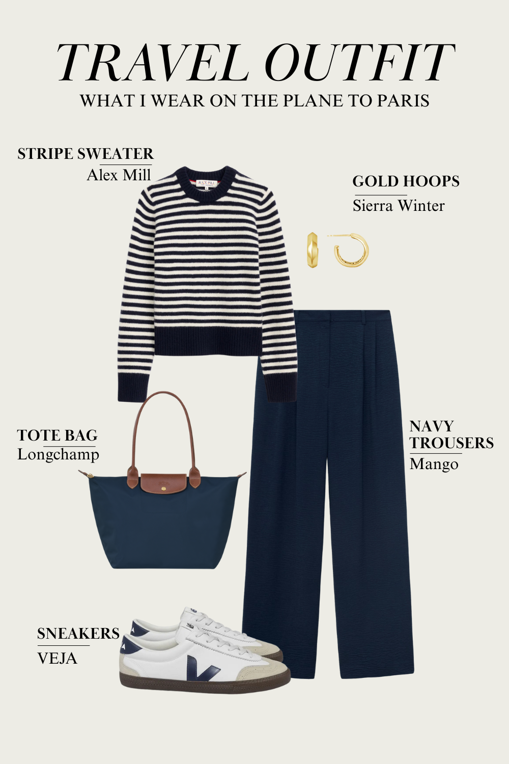 Stripe sweater with navy pants, veja and pants to wear on the plane to Paris.
