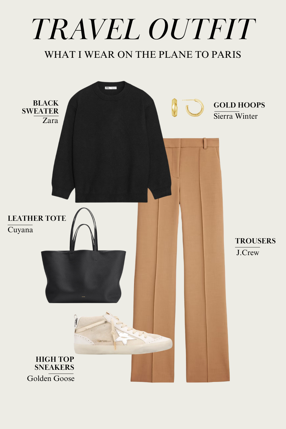 woman wearing black sweater with trousers, black tote bag for what to wear on the plane.