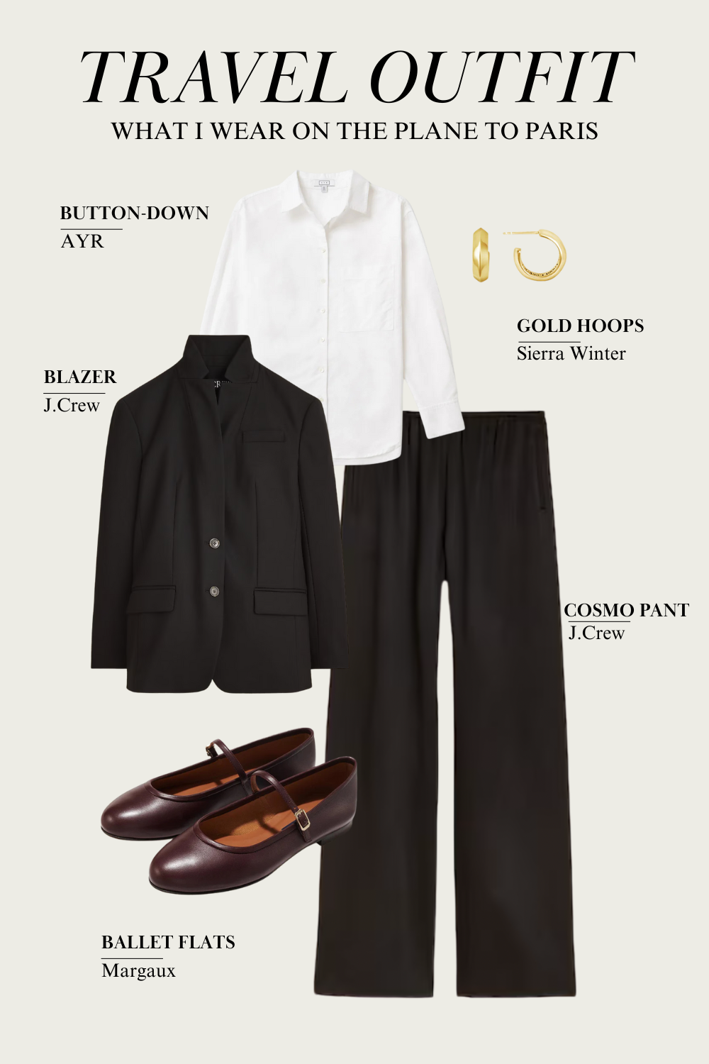 Black blazer with burgundy flats and white button down to wear to Paris.