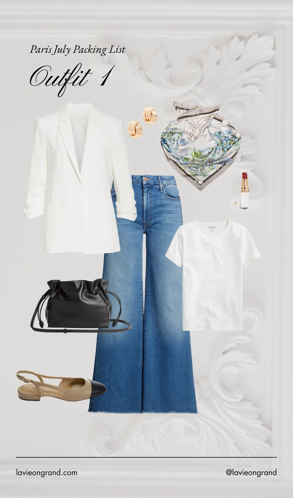Graphic of denim and white blazer for what to pack in July.