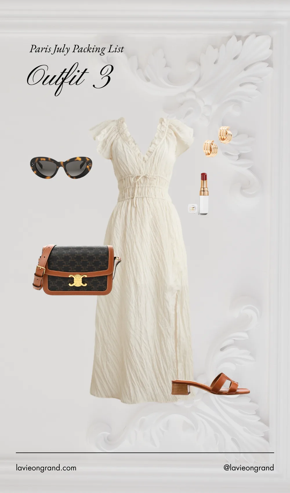Dress graphic with sandals and bag for the summer. 