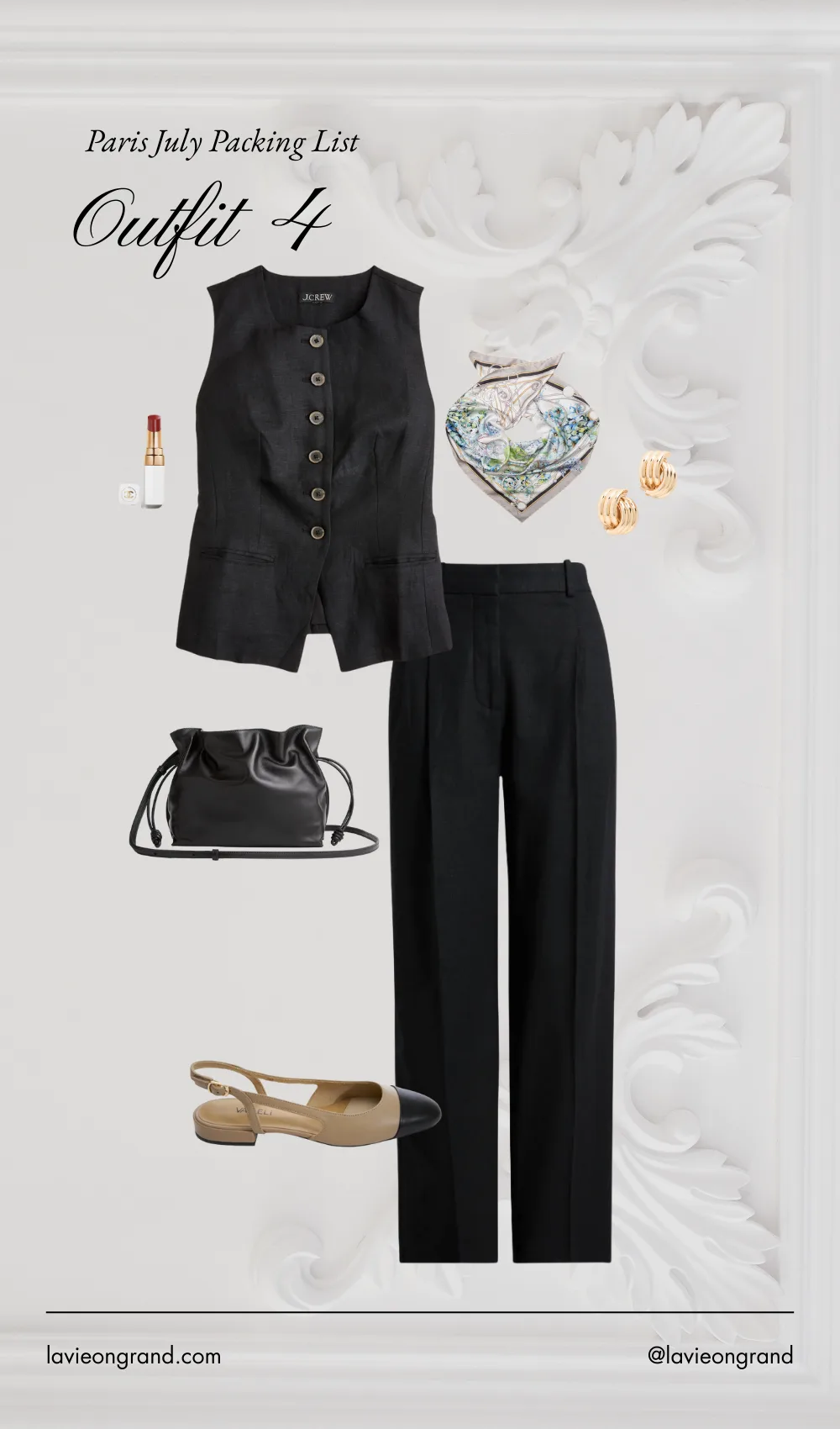 Black vest and sandals with silk scarf for July in Paris outfit.