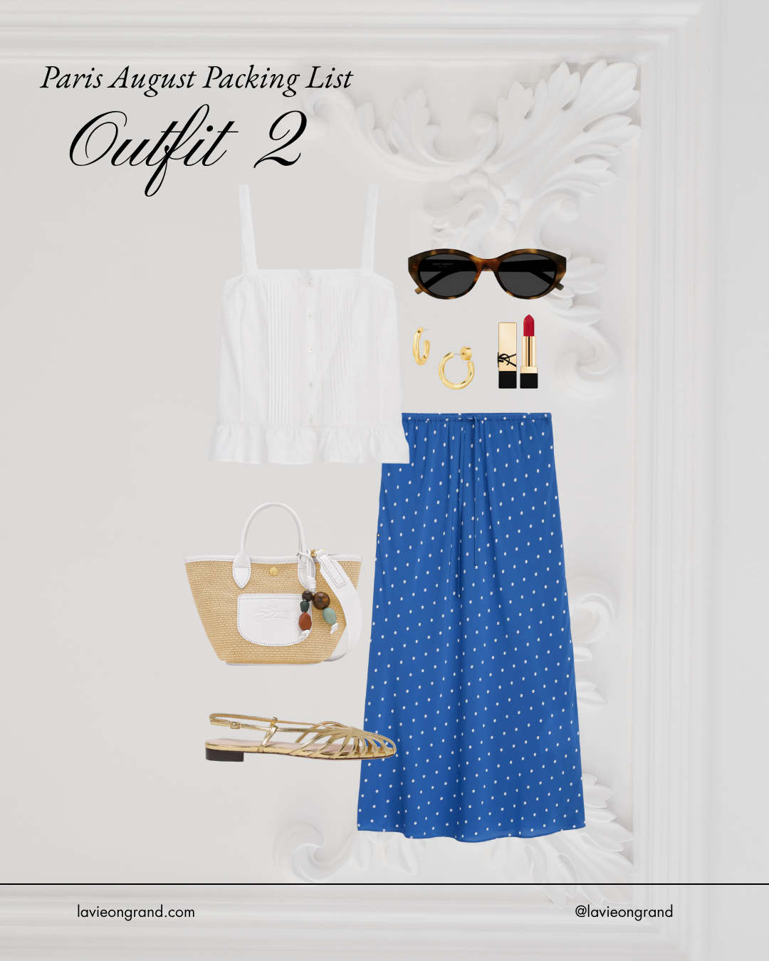Paris summer Outfit combinations Blue polka dot skirt with white top and gold sandals.