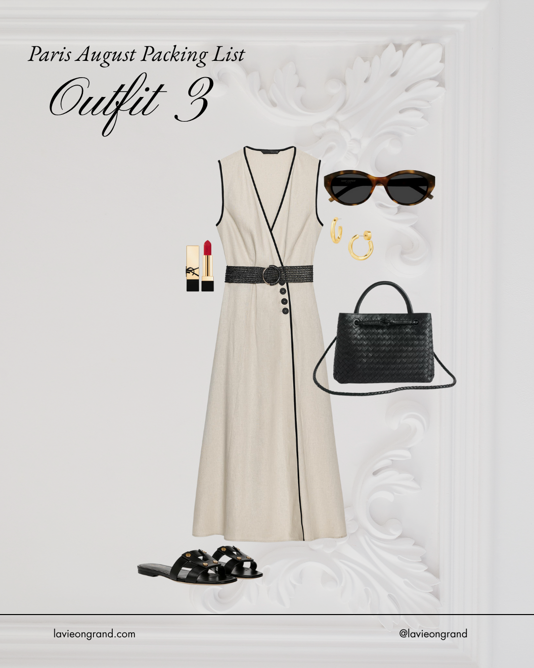 Paris August Outfit combinations Black and tan dress with black sandals and black handbag.