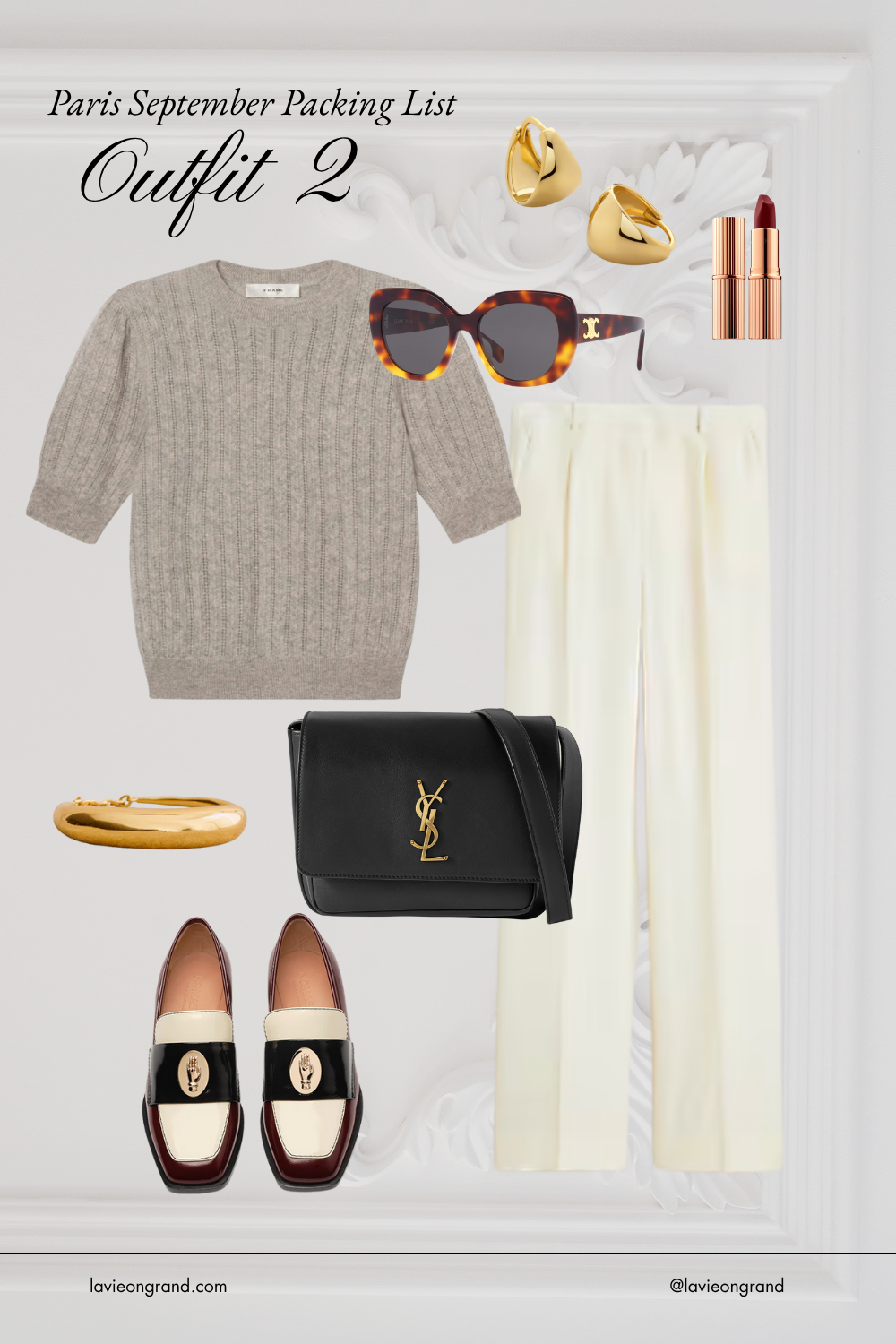 Paris Outfit Graphic for what to pack. sweater and ivory trousers with loafers. 