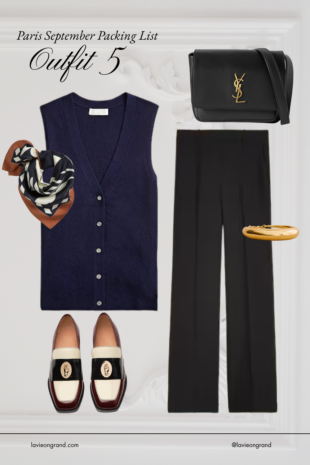 Navy sweater and black pants for what to wear to Paris in September