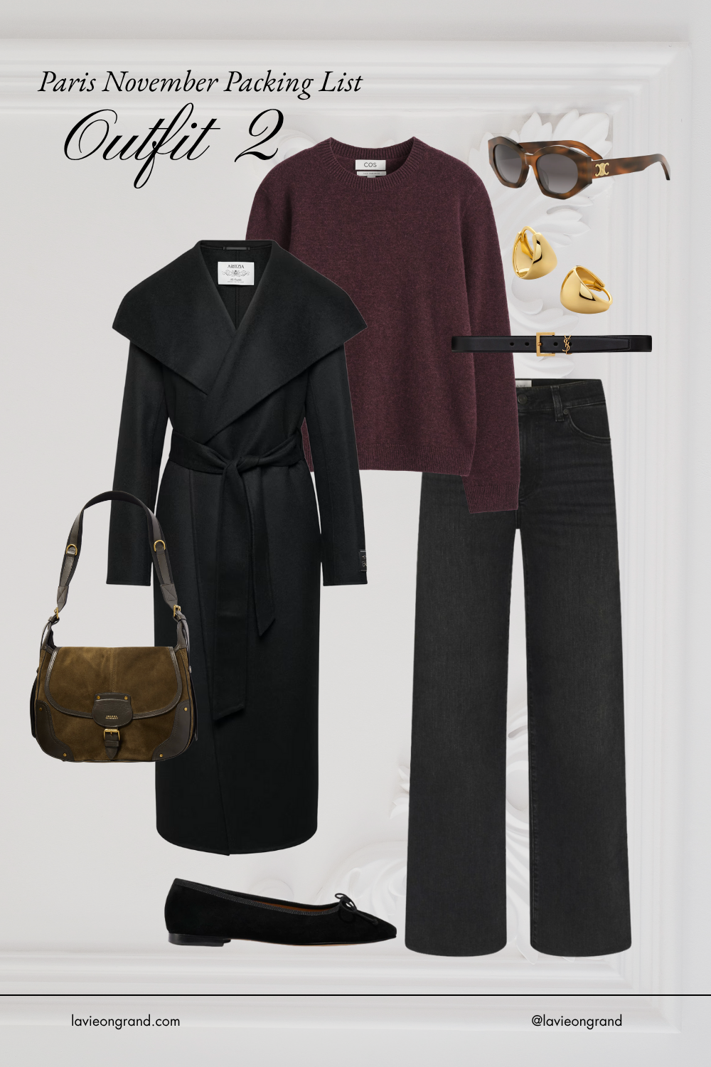 Black denim with sweater and coat and suede bag.