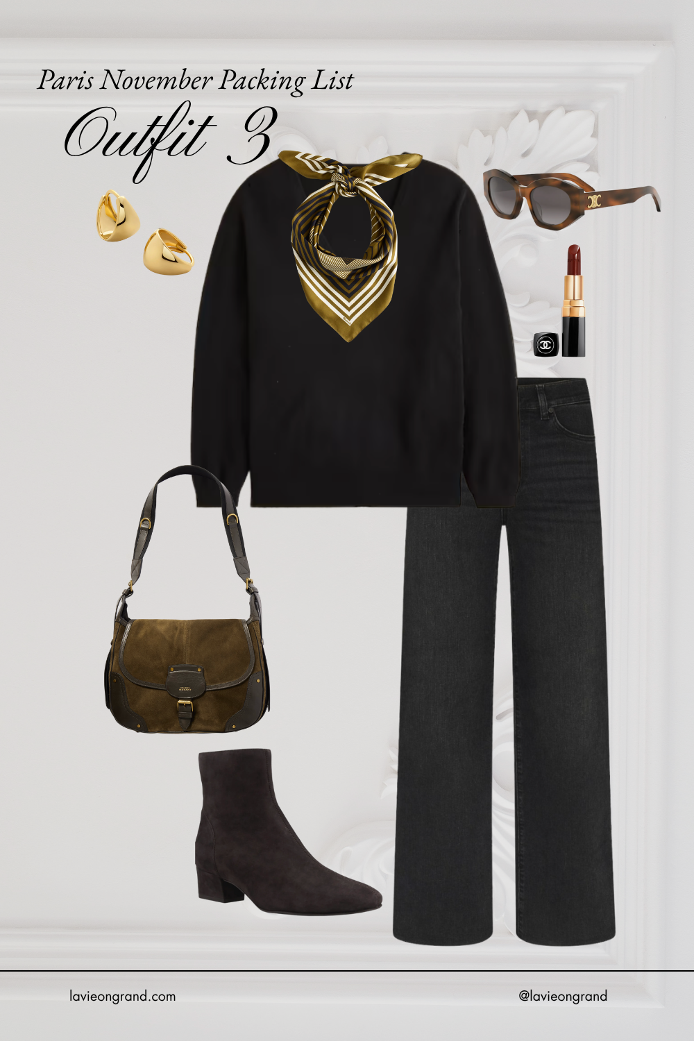 Black sweater with black jeans and boots to wear in Paris.