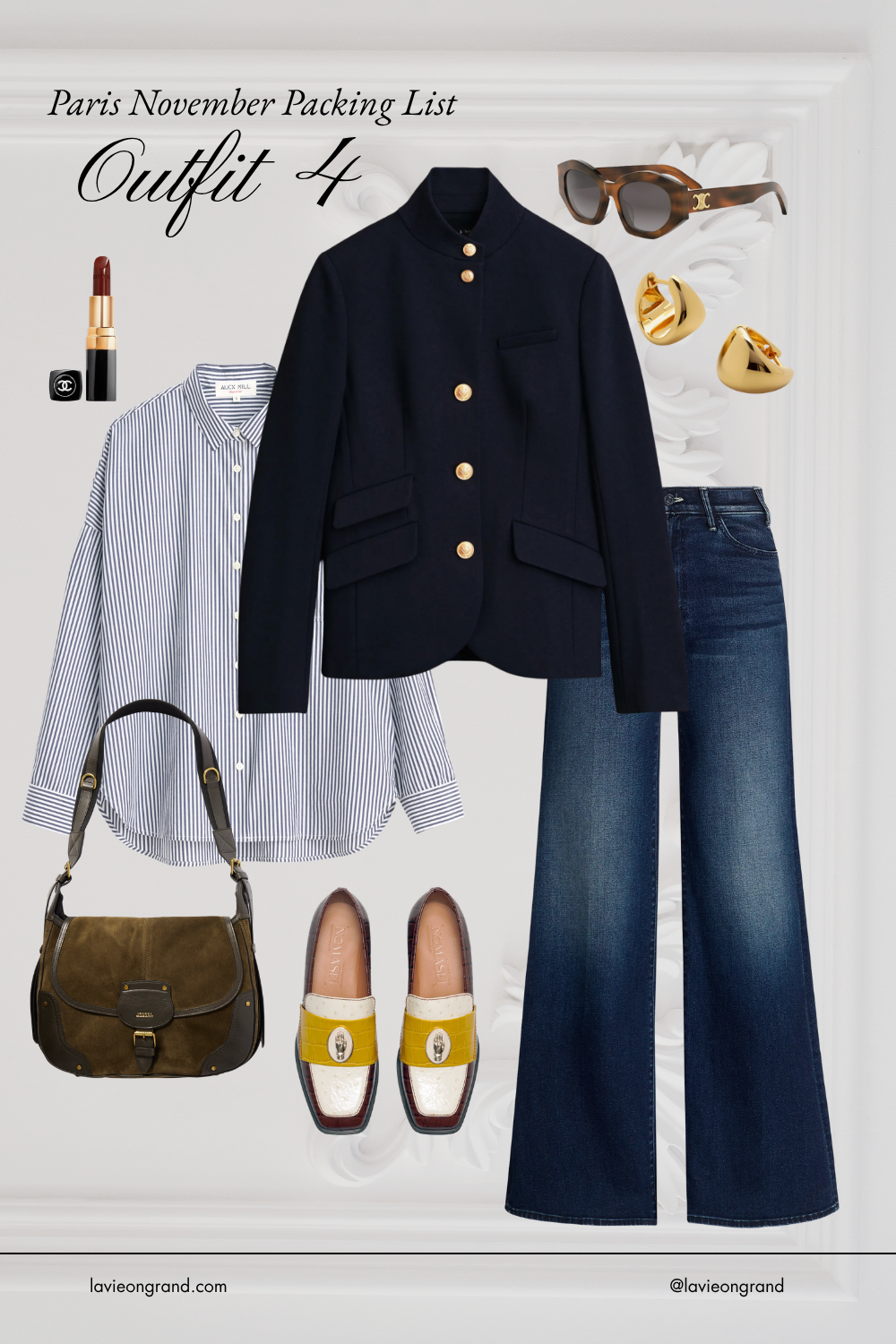 Navy blazer with stripe button up and loafers with denim.