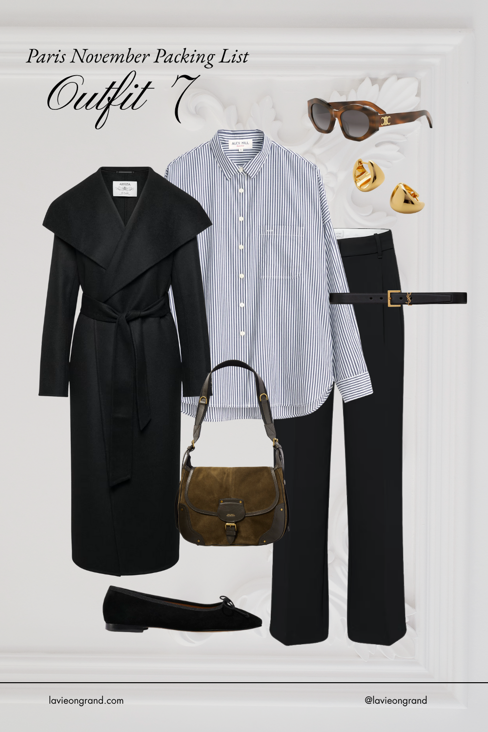 Stripe button up with pants and black coat.