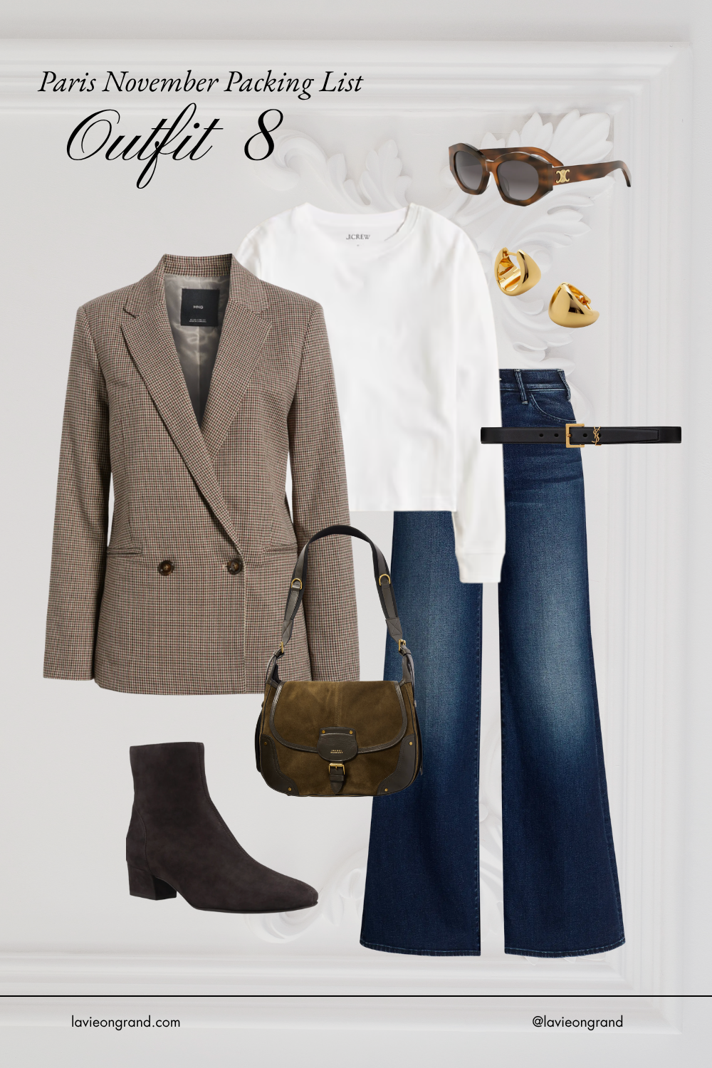 Blazer with denim and boots and white tee.