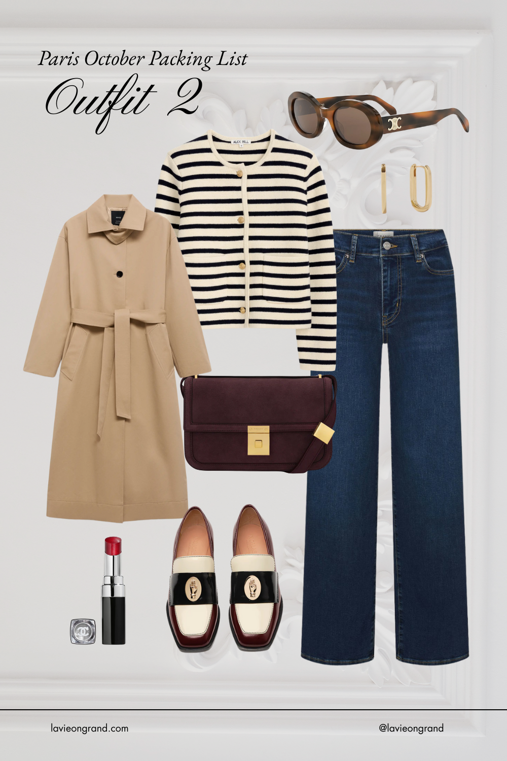 Graphic of packing for Paris in october, trench coat, stripe sweater, denim.