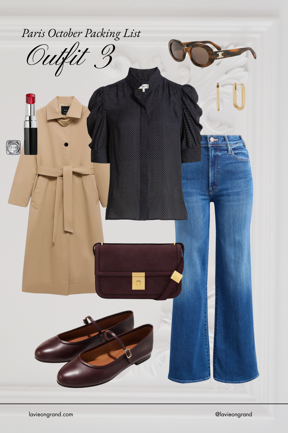 Packing for paris in october graphic with denim and silk blouse.