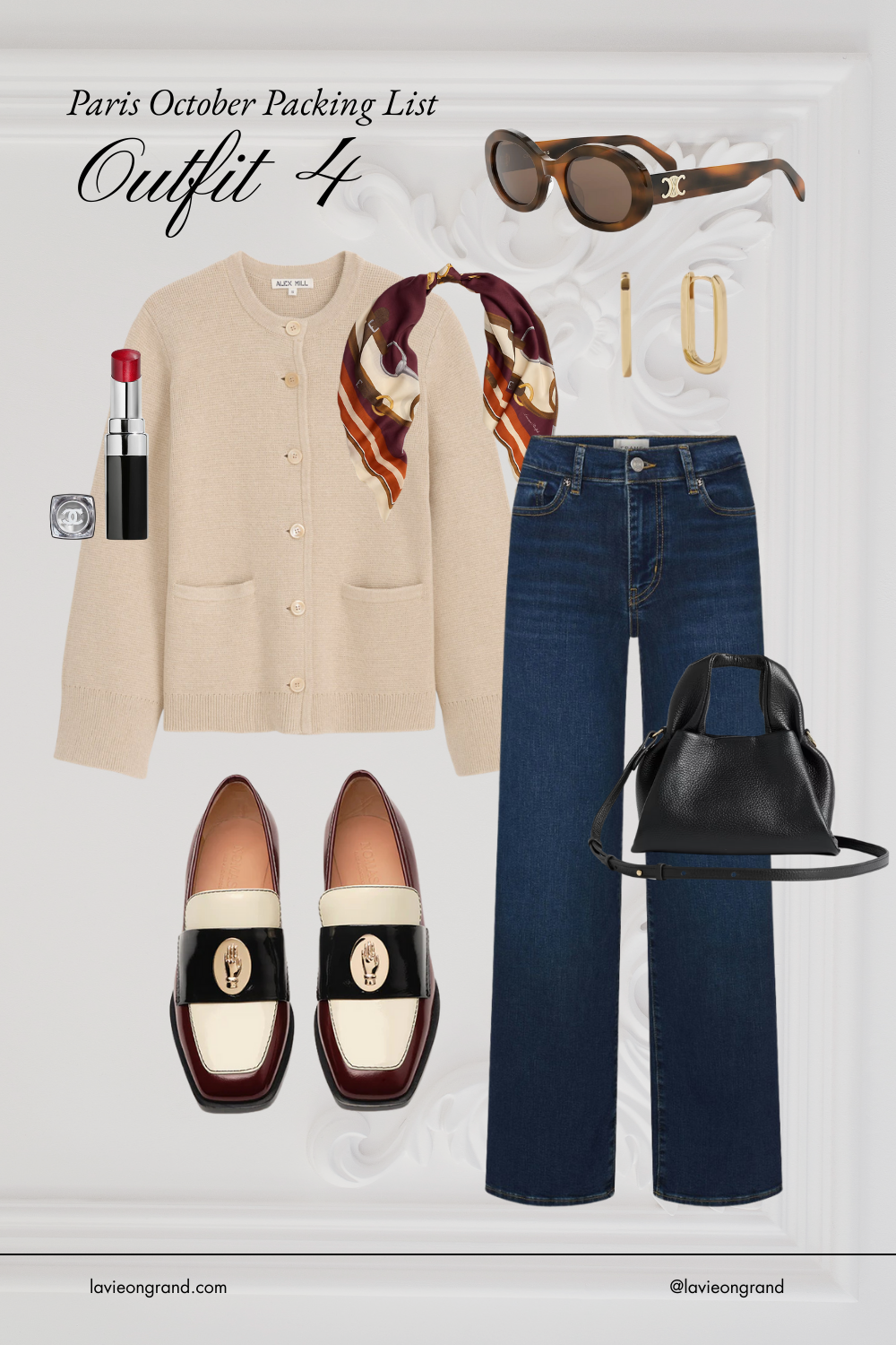 Sweater with scarf, loafers, and denim for paris.