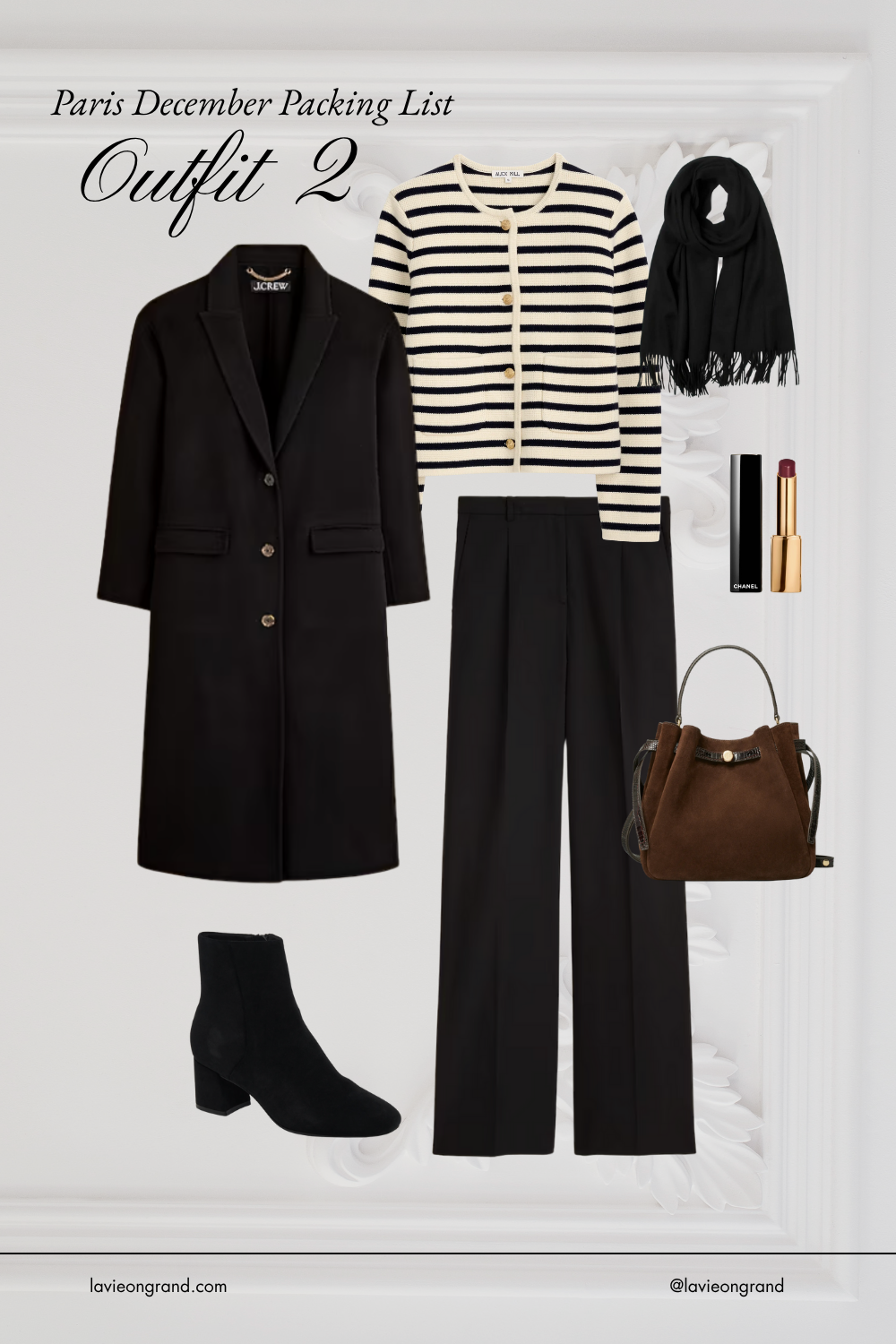 what to wear in paris in the winter season with a striped sweater and black coat.