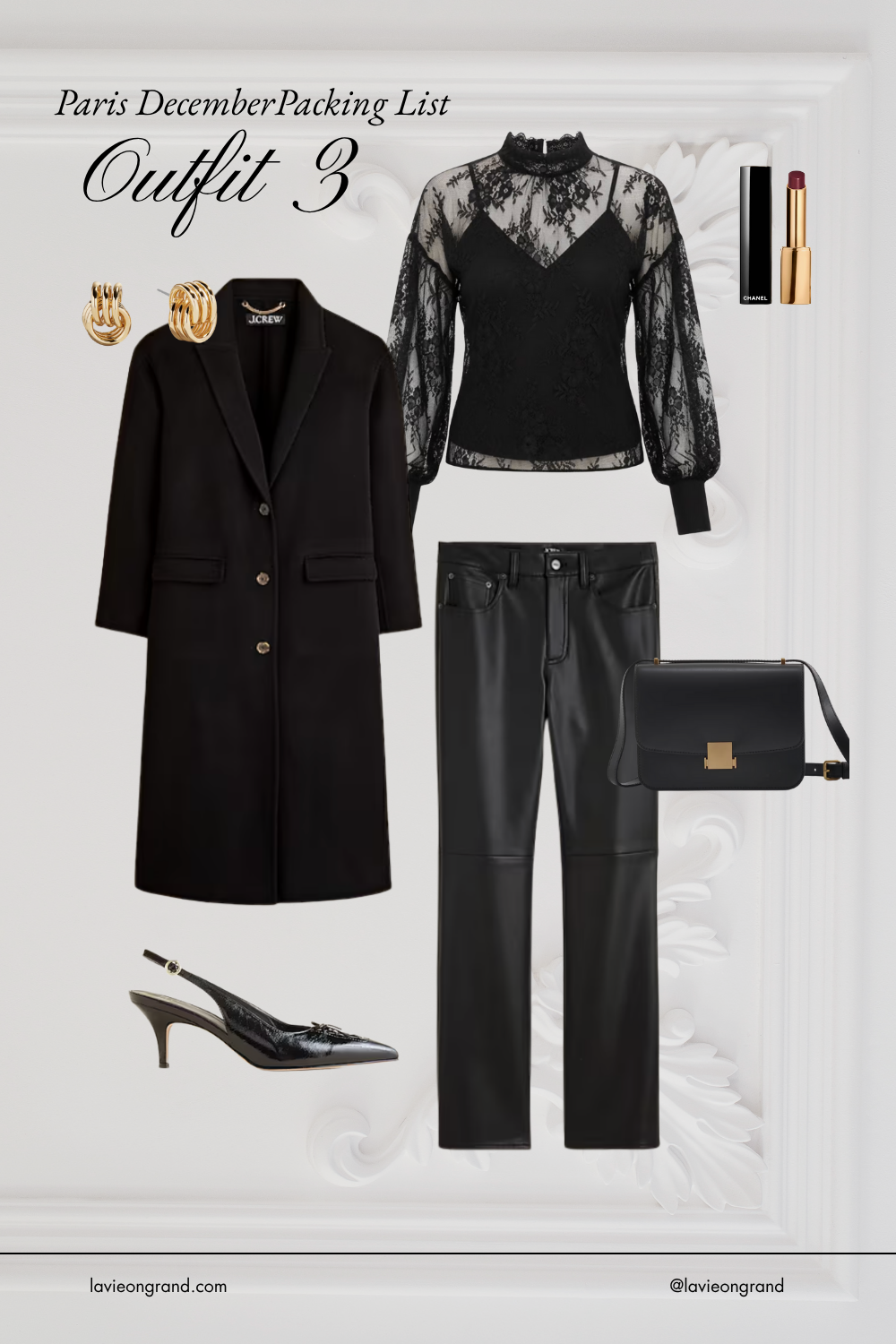 Lace top with black faux leather pants and slingbacks.