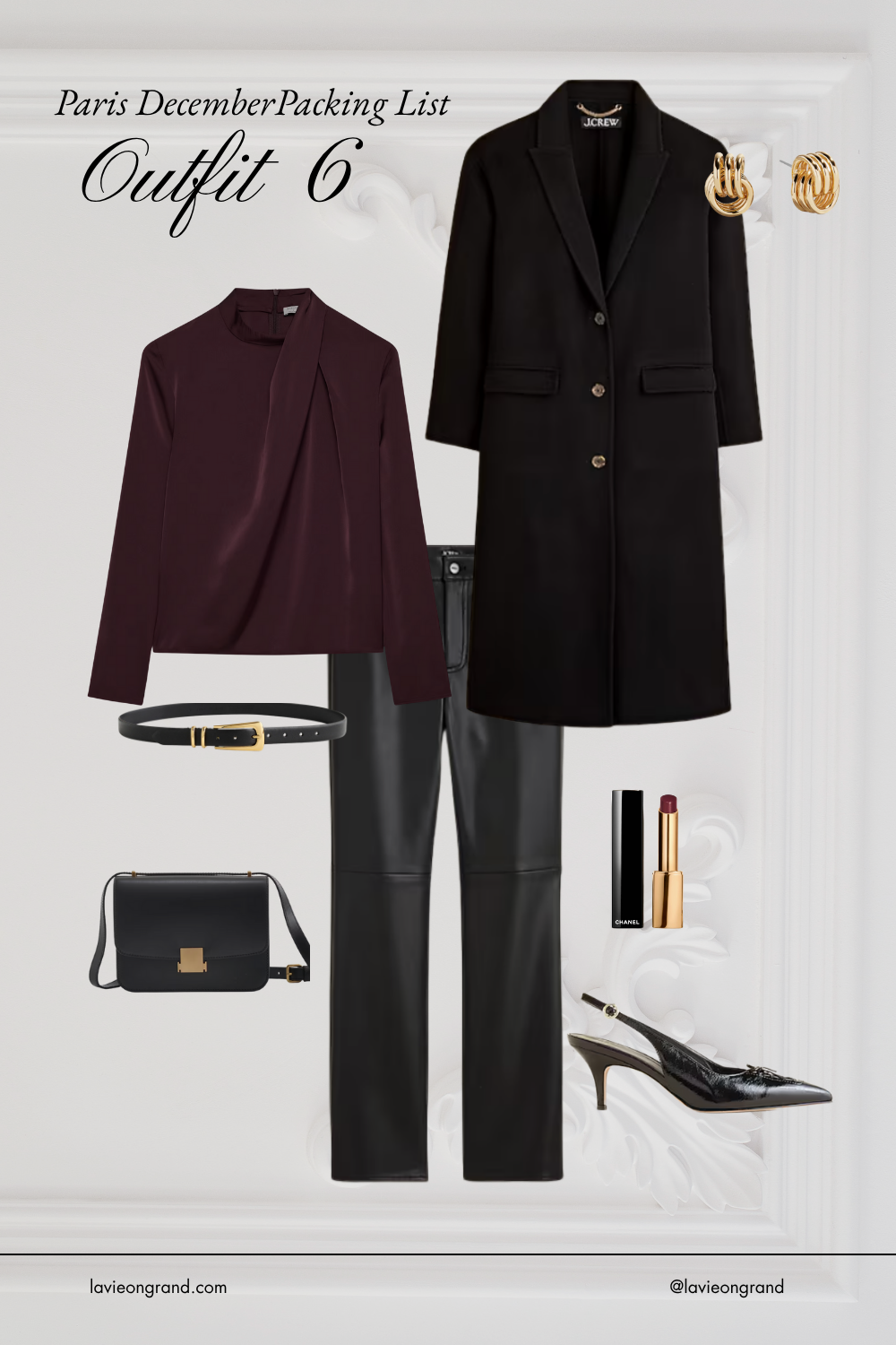 SATIN BLOUSE WITH FAUX LEATHER PANTS, BLACK COAT, AND SLINGBACKS.