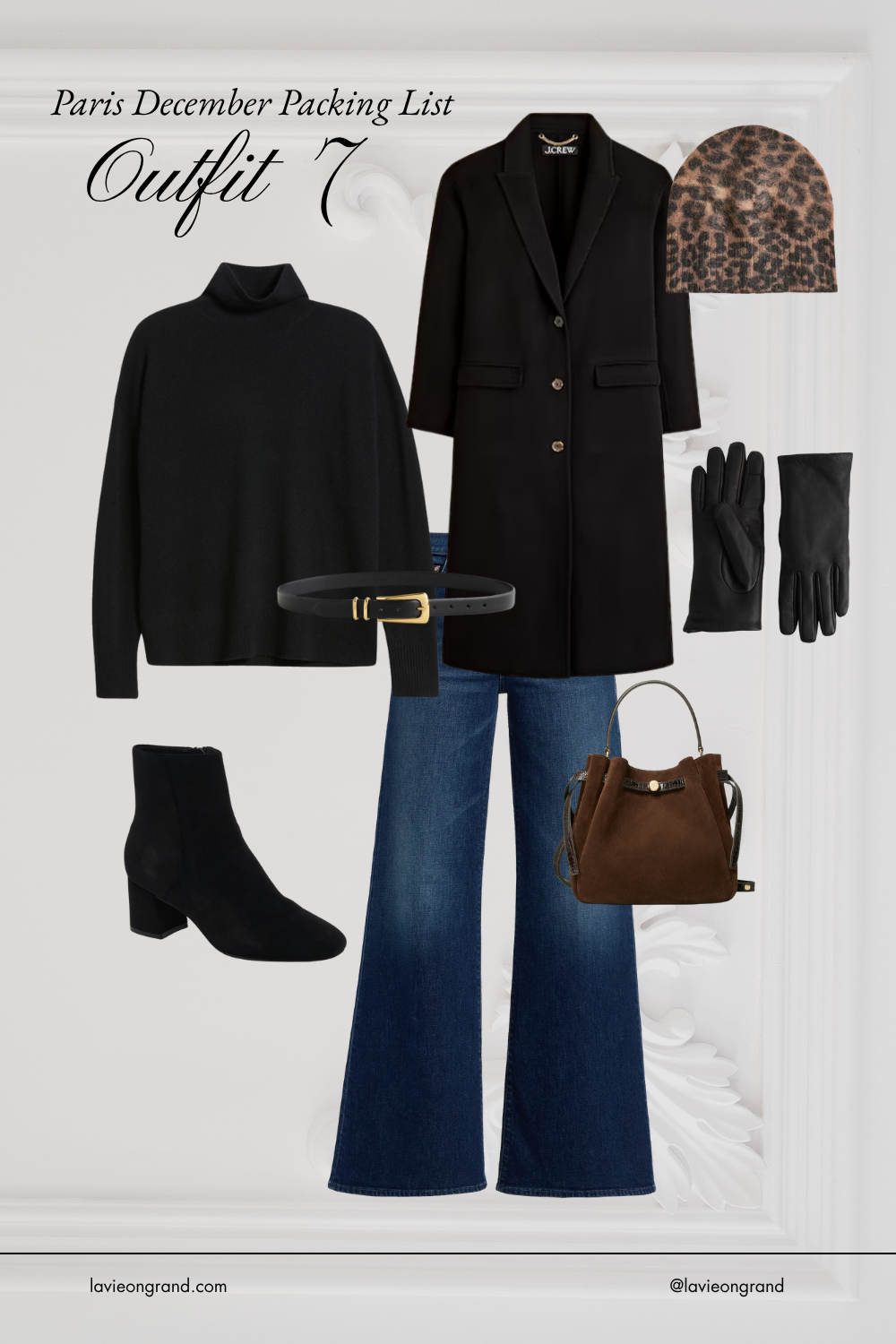 Black cashmere sweater look with wide leg denim, black coat, and gloves.
