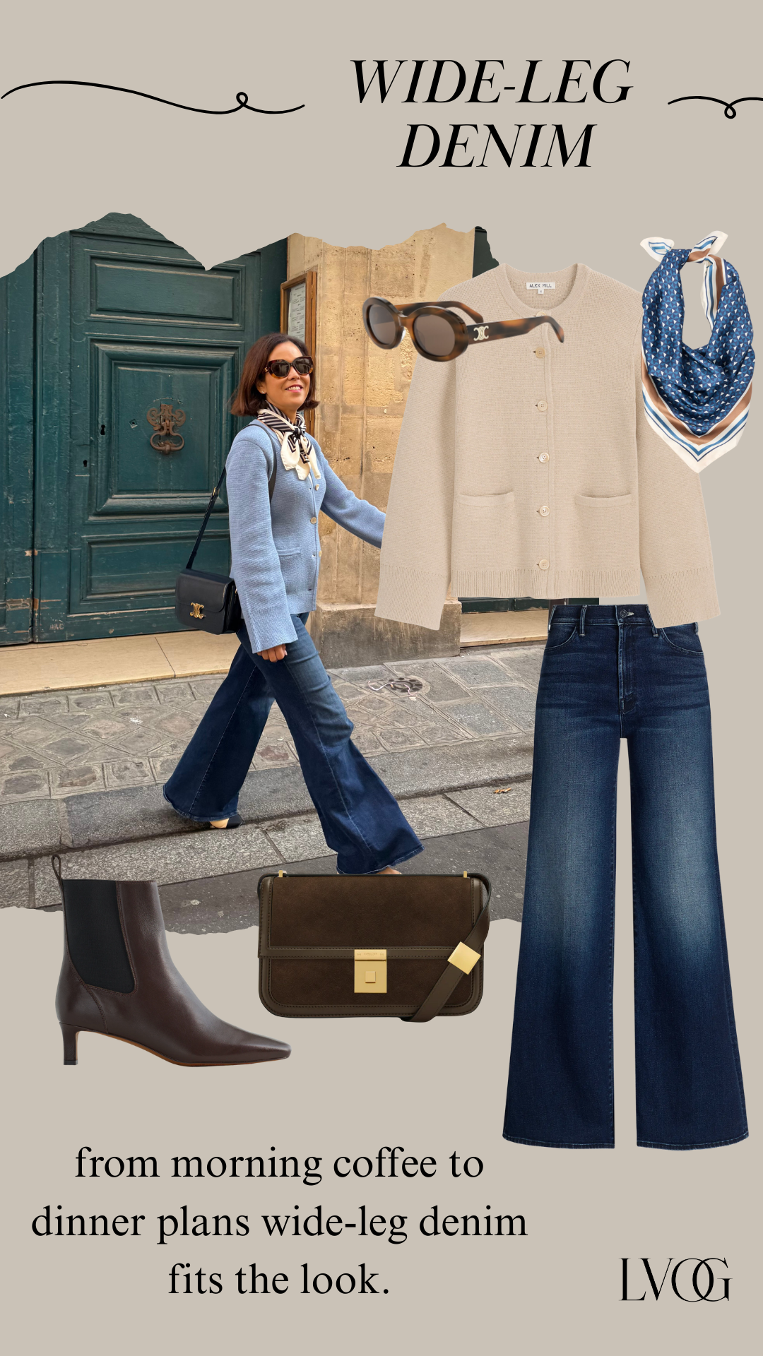 Graphic of flare denim with cardigan, boots, and bag.