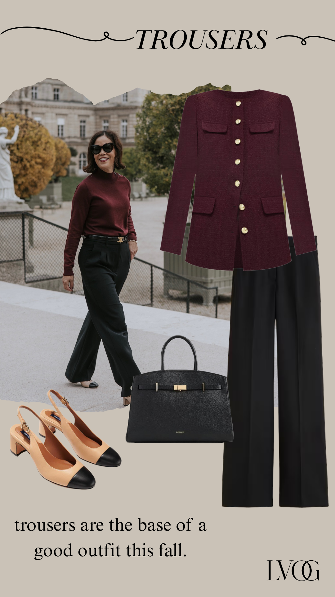 TROUSERS WITH SLINGBACKS AND BURGUNDY TWEED JACKET THAT A LADY CAN WEAR TO DRESS LIKE A PARISIAN IN FALL.