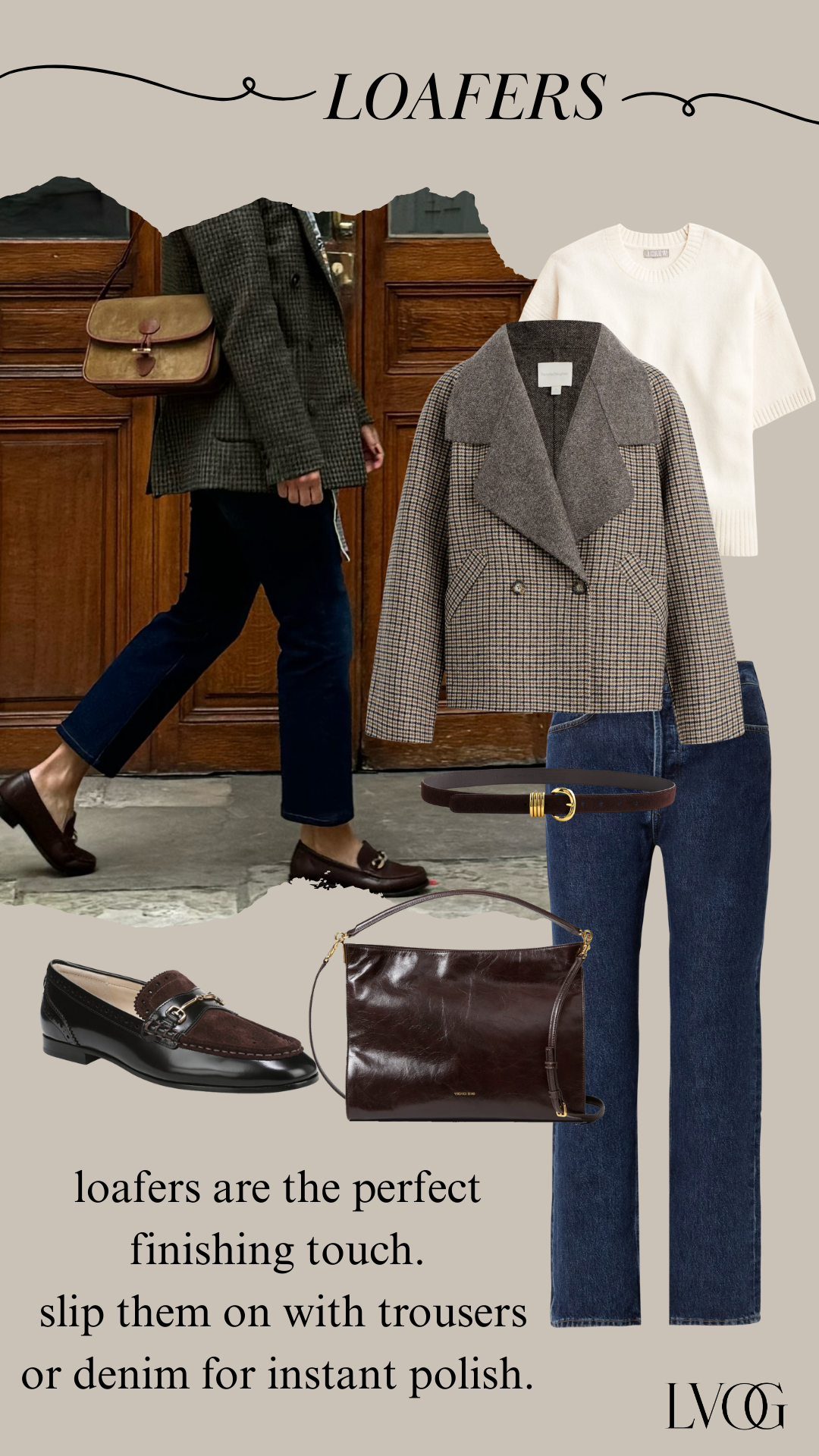 COAT WITH LOAFERS AND BAG AND DENIM GRAPHIC TO SHOW HOW TO DRESS LIKE A PARISIAN WOMAN IN FALL.
