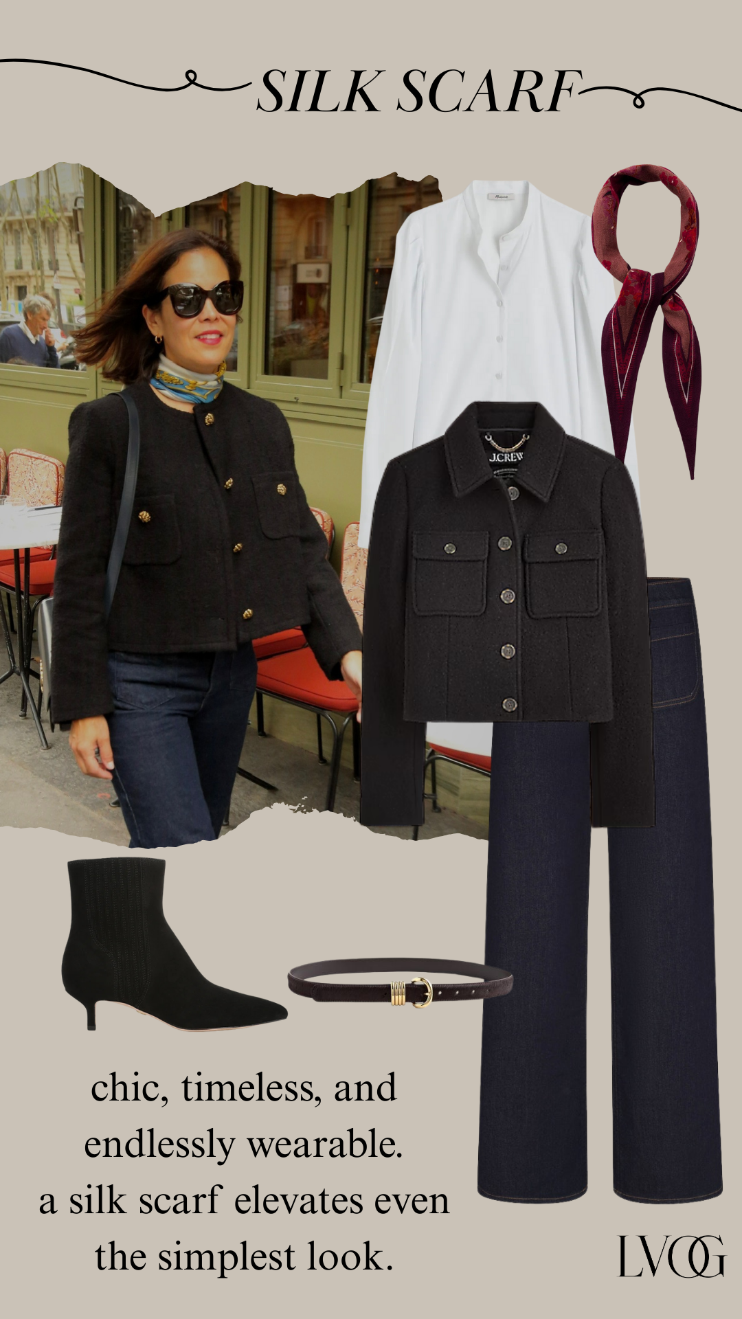 Woman wearing scarf and boots with white button down to dress like a parisian woman in fall.