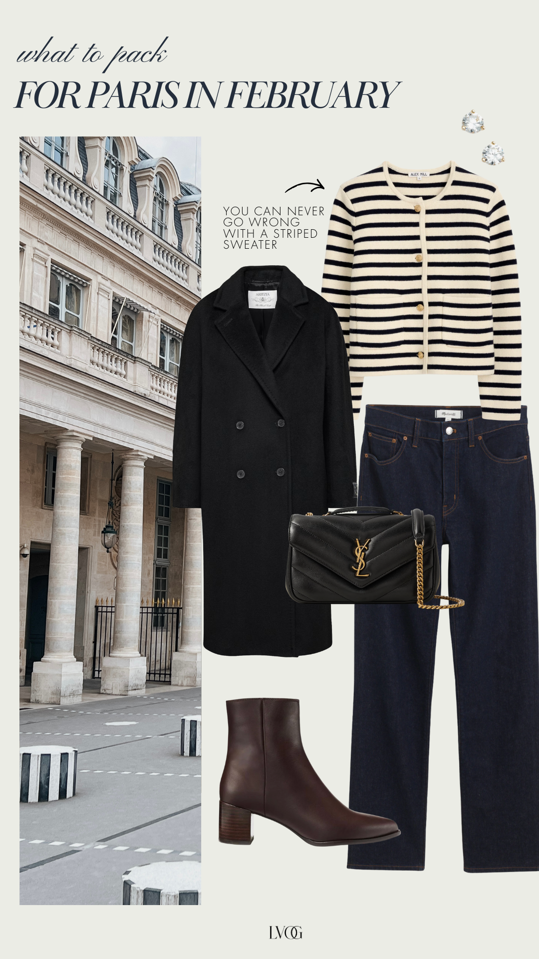 Graphic of outfit for paris in February of striped sweater with denim.