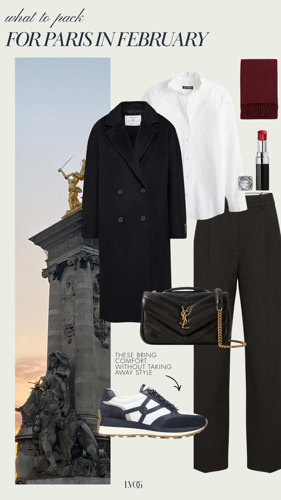 Picture of black coat with pants, bag, and white button down to wear in paris in February and winter months.