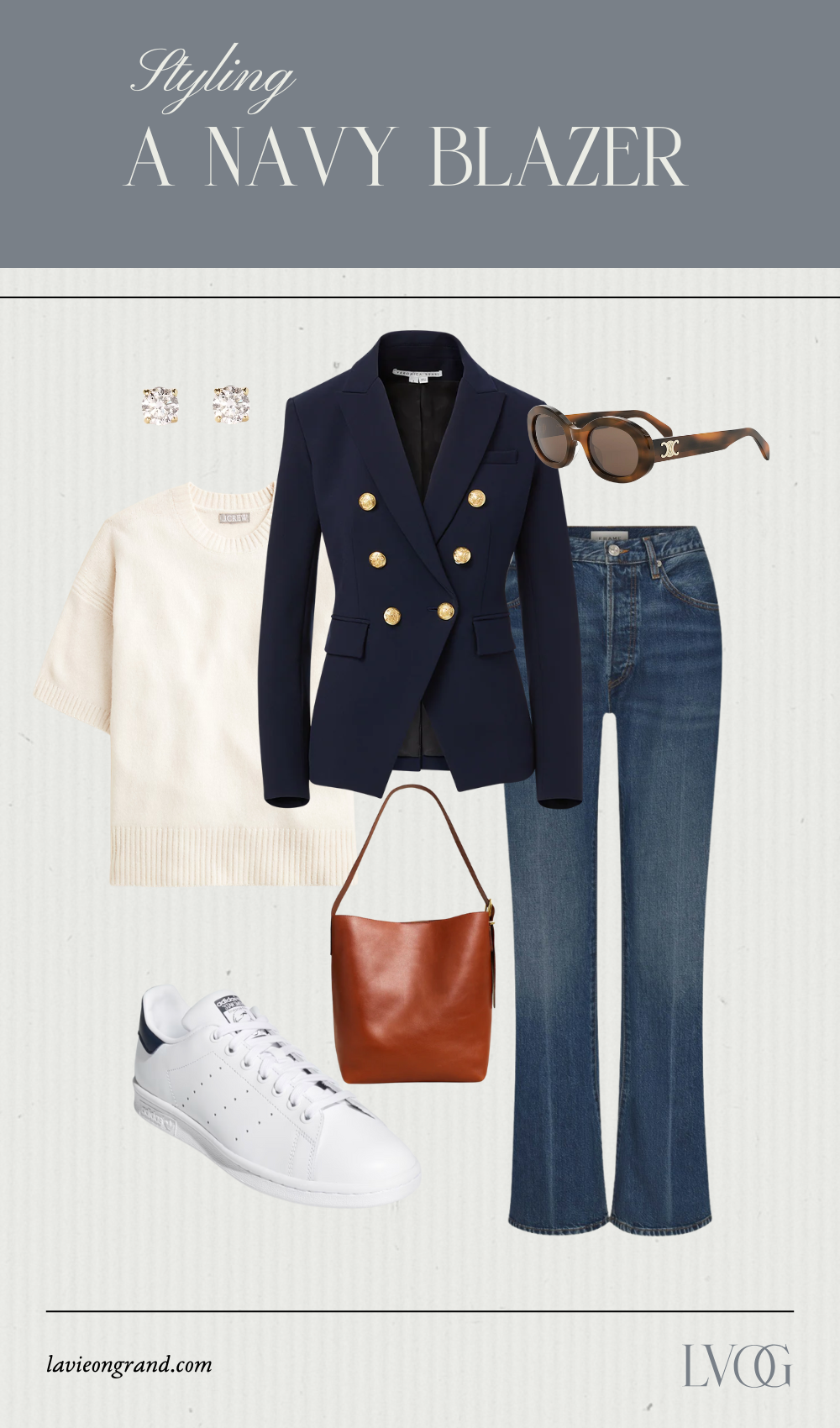 Graphic of navy blazer with denim, brown leather bag, shoes, and sweater.