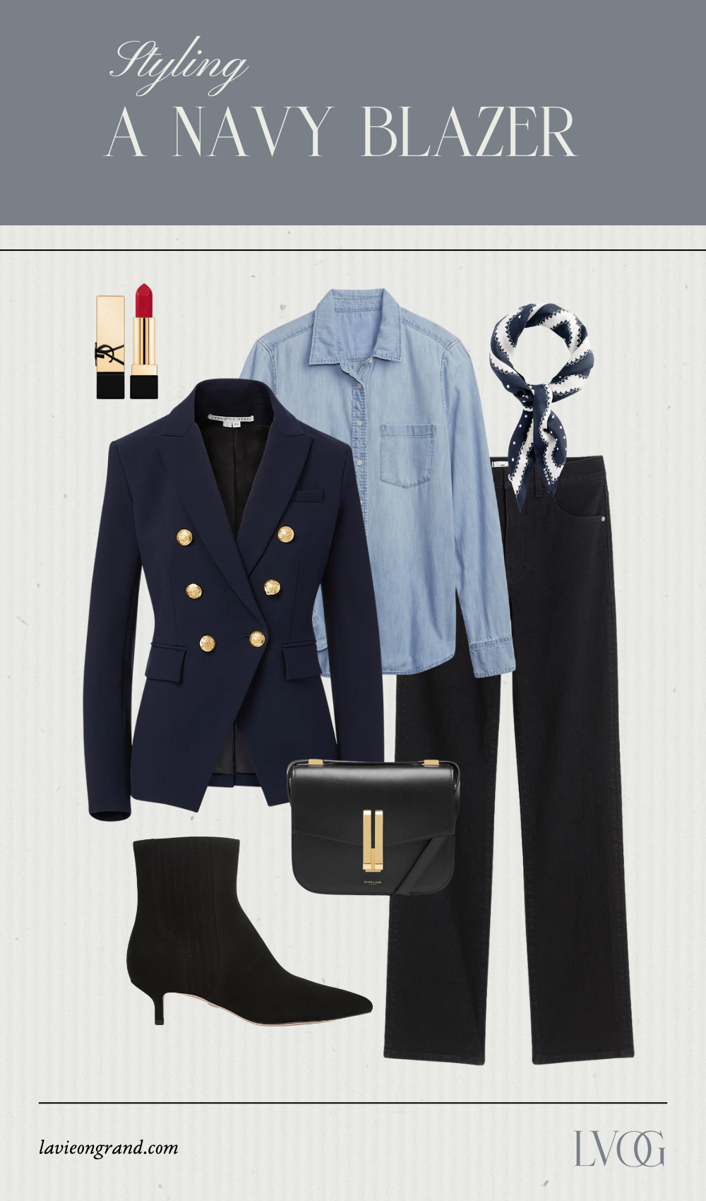 Denim button down with navy blazer, black boots, and scarf showing what to wear with a navy blazer.