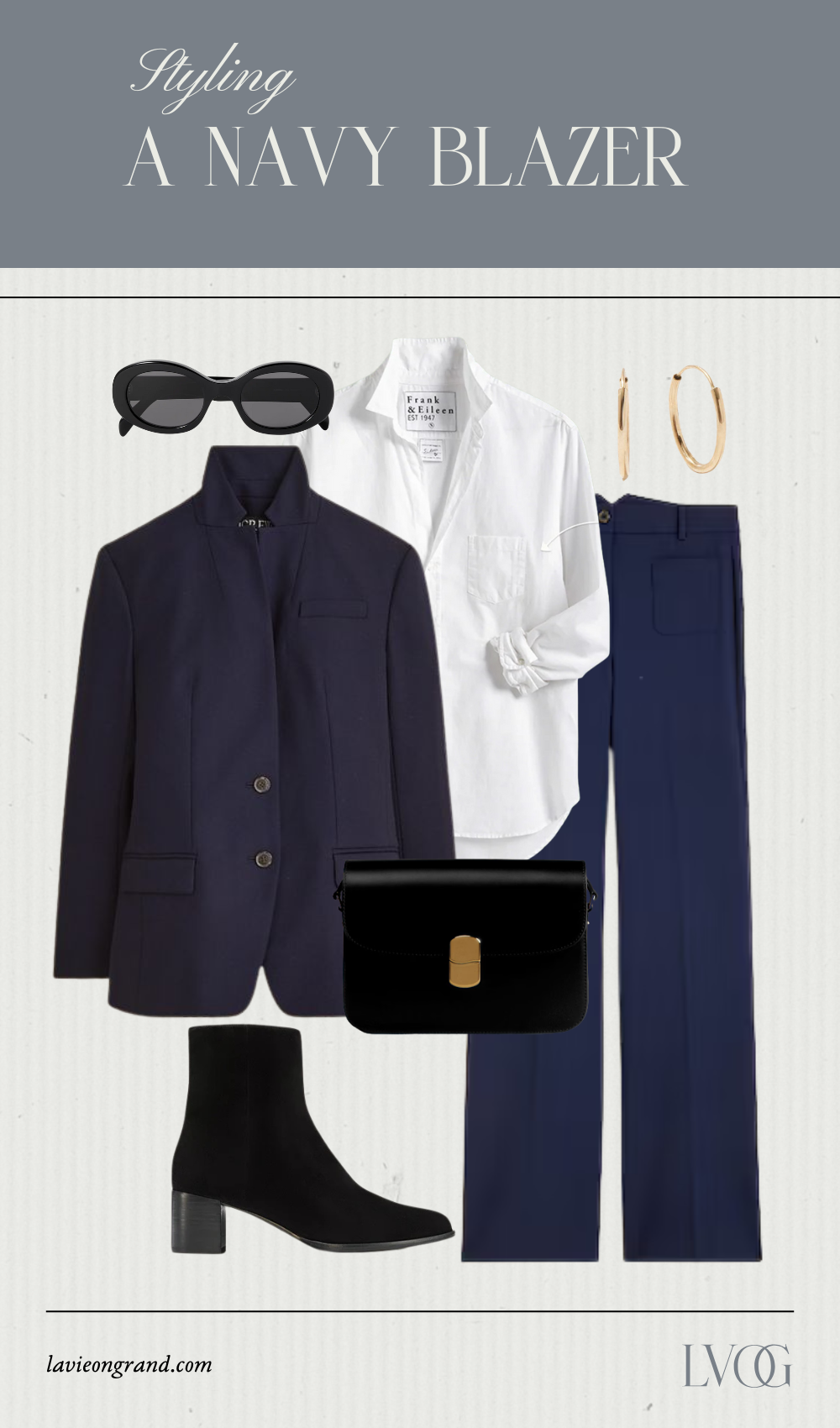 White button down with navy blazer, black boots, black bag, and navy pants.