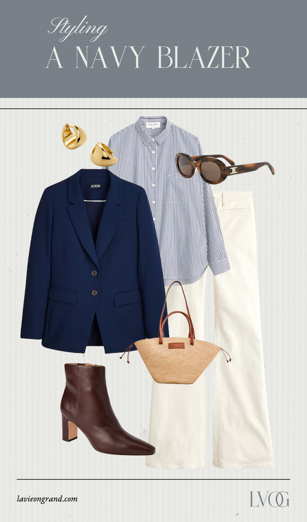 NAVY BLAZER WITH STRIPE BUTTON DOWN, MARKET BAG, AND BROWN BOOTS.