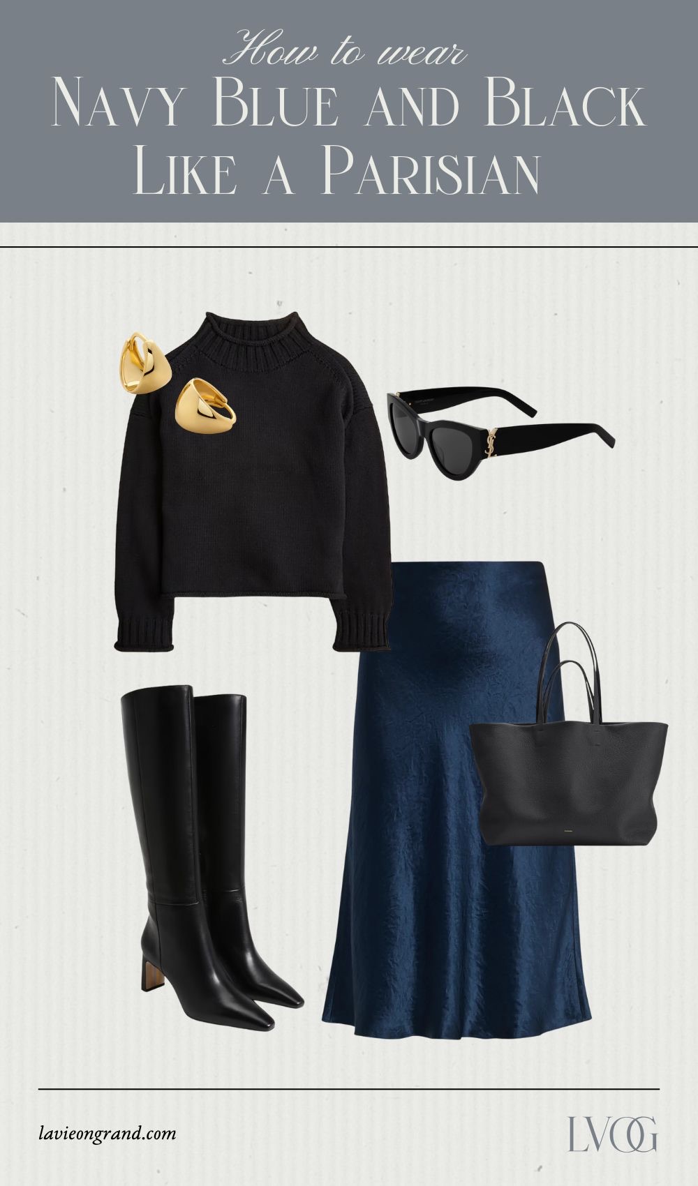 Graphic of navy blue and black skirt and tall boots.