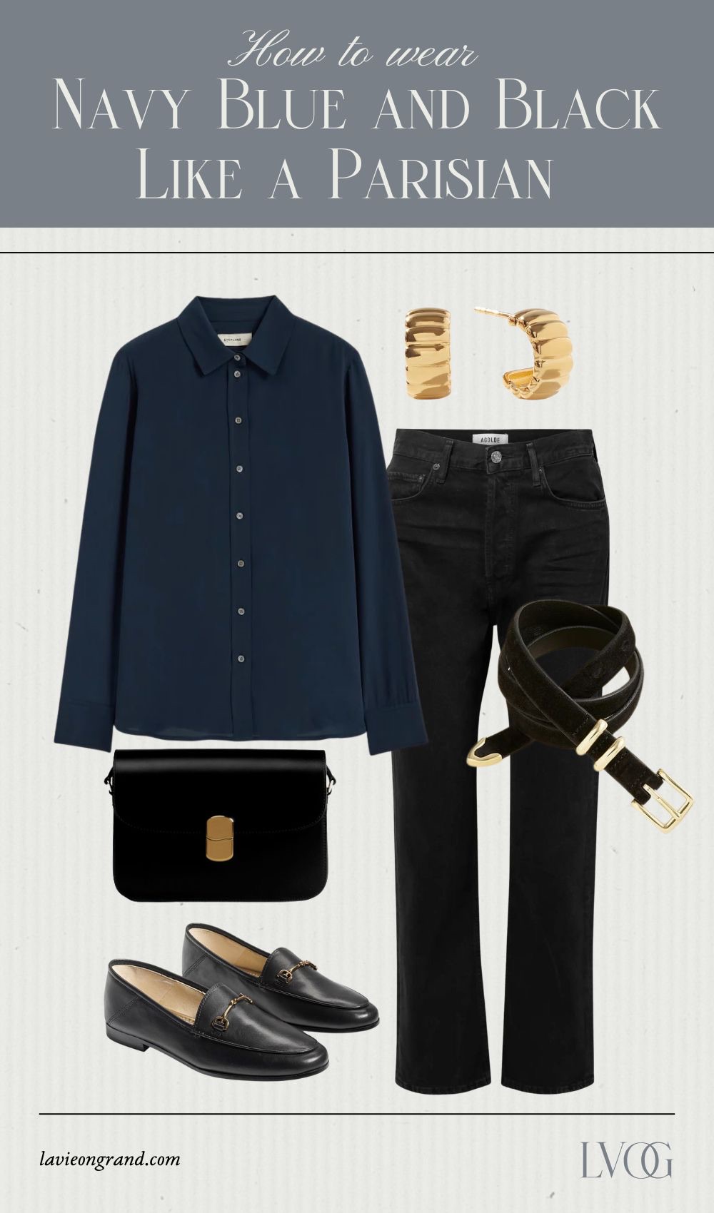 Graphic of black denim with navy top and loafers.