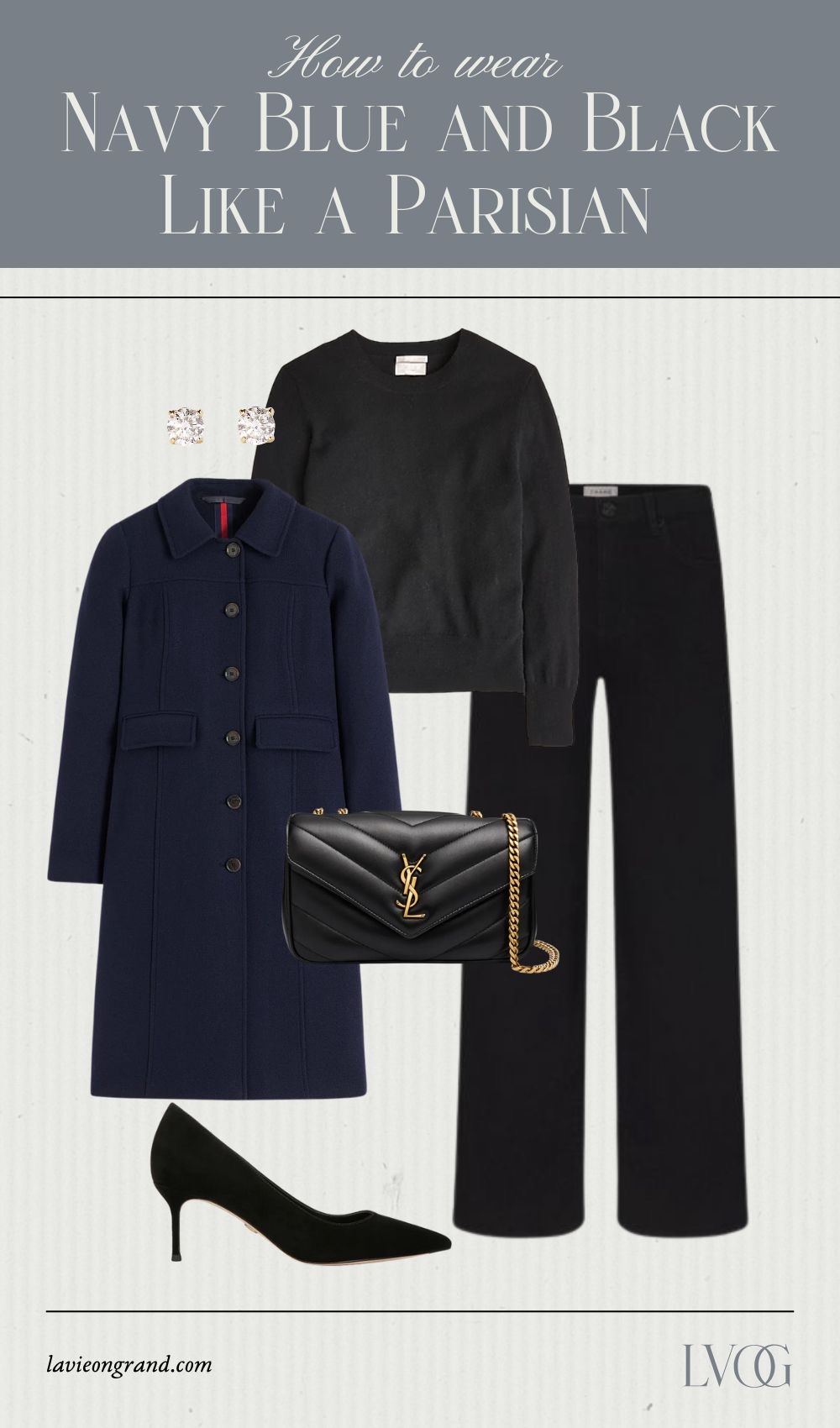 Graphic of black denim with navy coat and sweater.