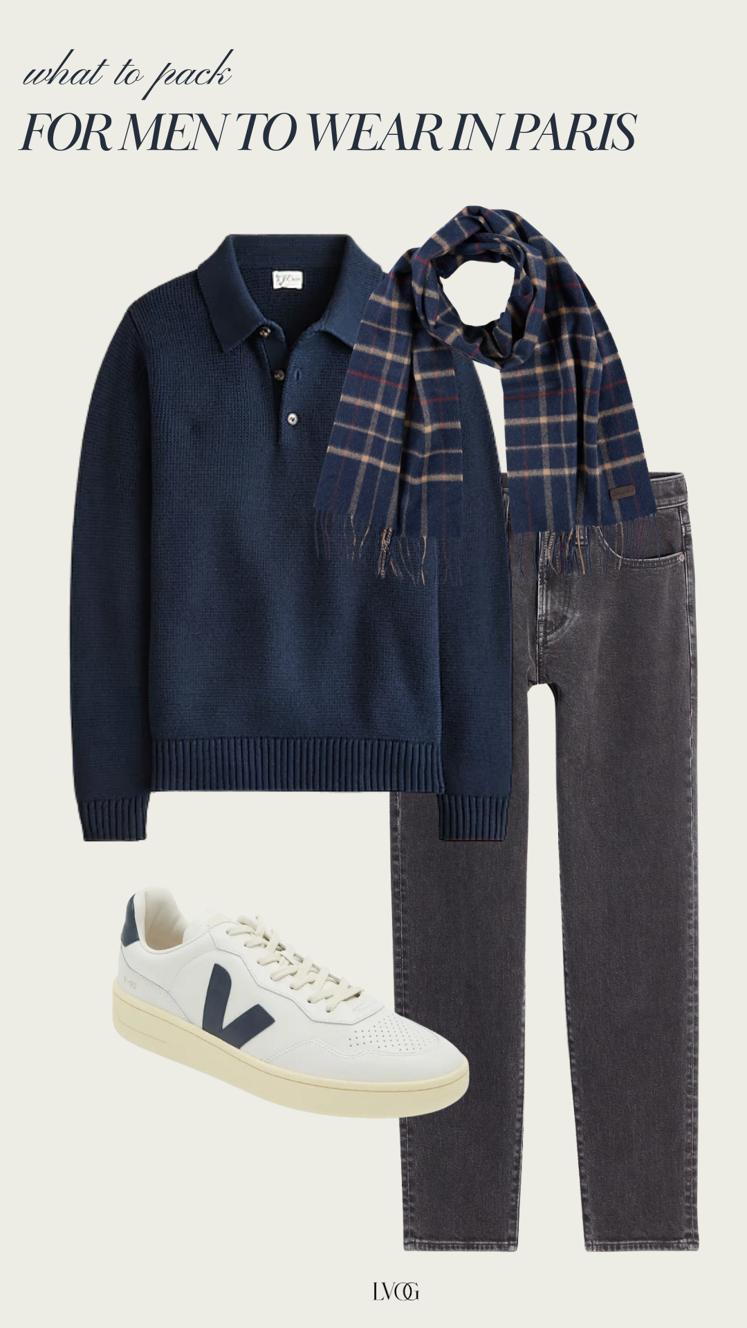 Graphic of navy top and pants with scarf and sneakers for what men should wear and pack for Paris.