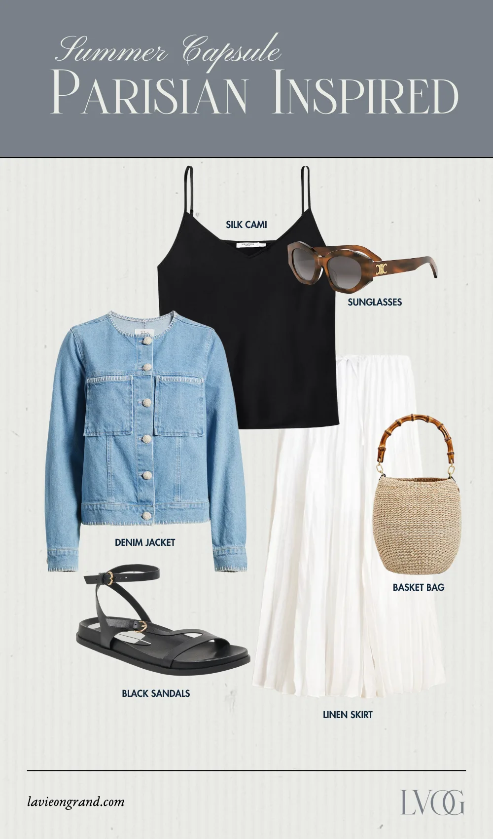 Graphic of outfit pieces to wear for summer for a french capsule wardrobe for summer.