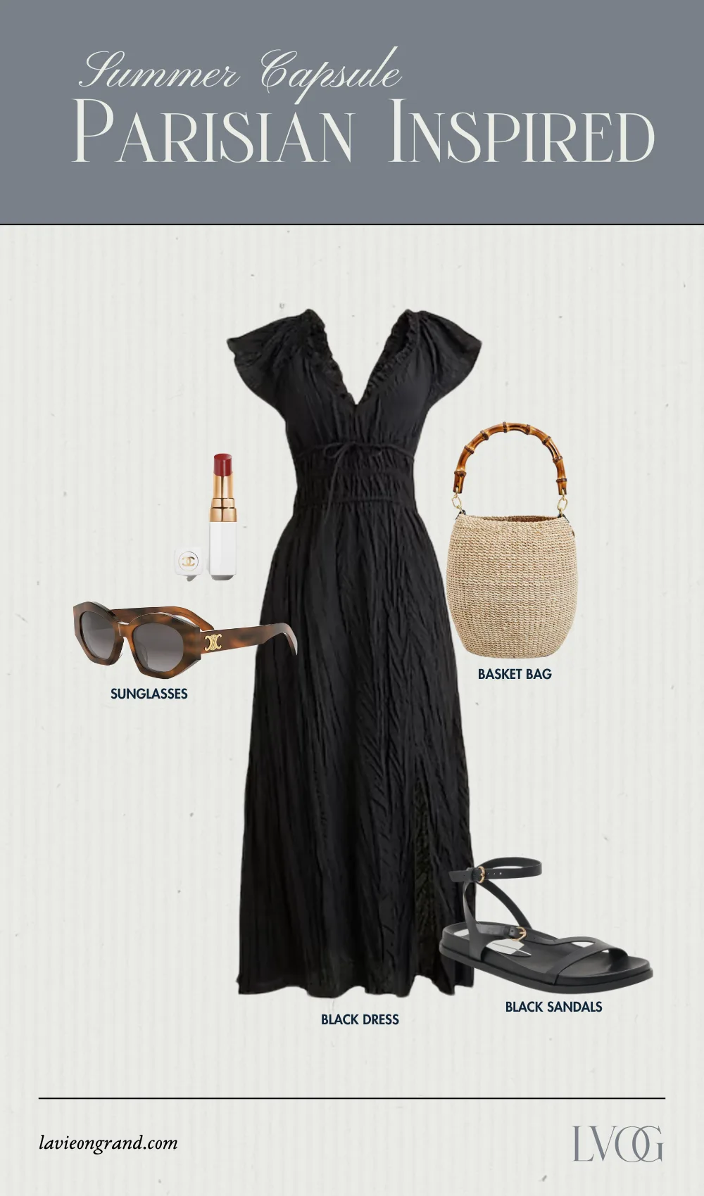 Black dress and sandals combo for French capsule for summer. 