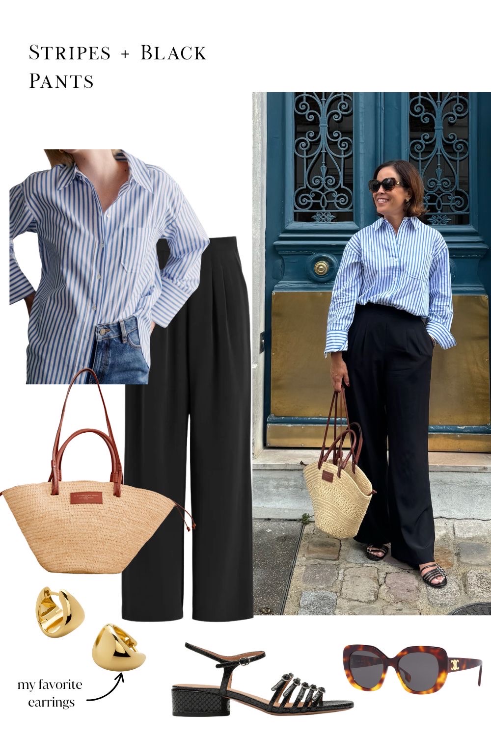 Woman wearing striped button down with black pants in Paris during Summer.