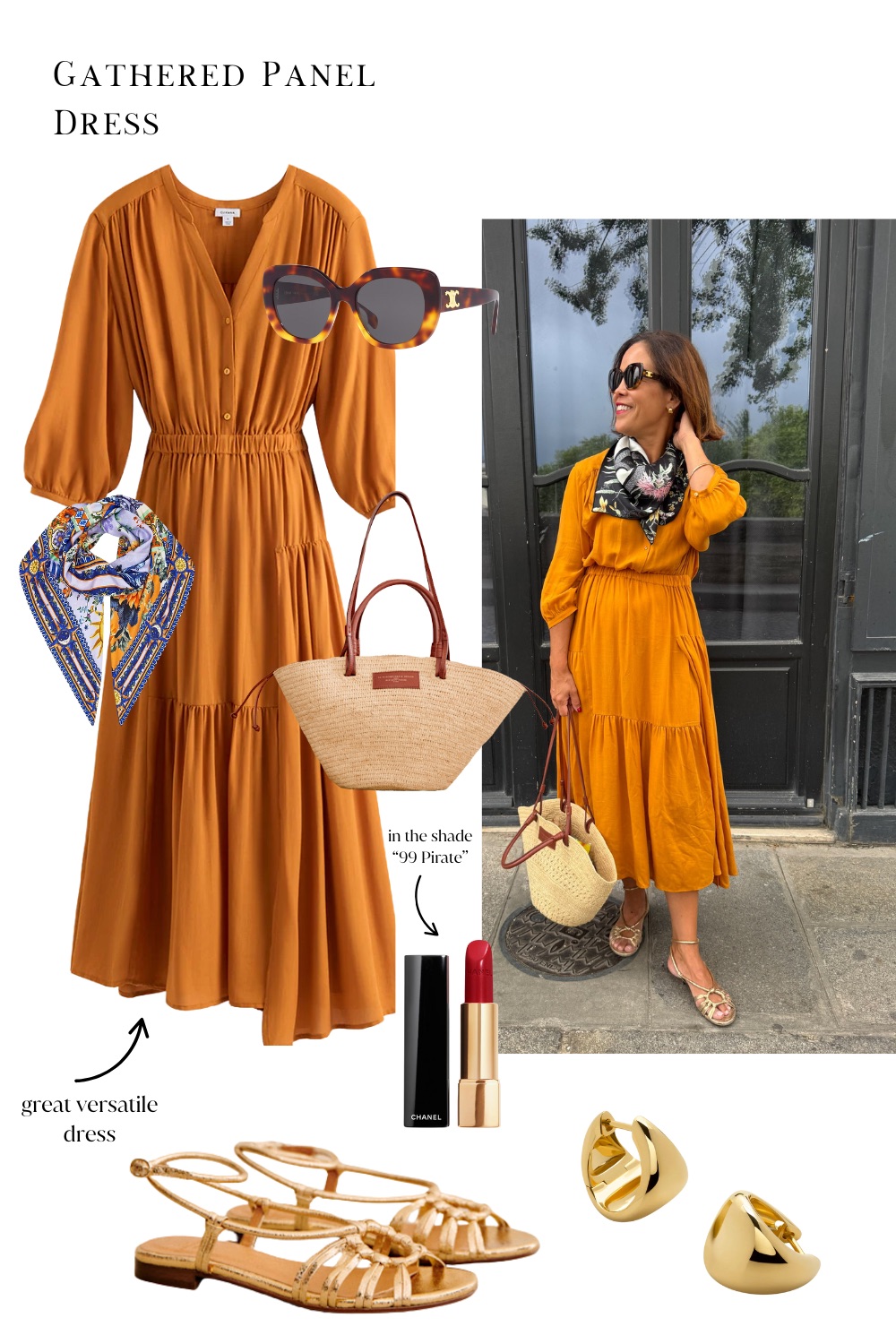 Woman in Orange Dress with Gold Sandals and market bag.