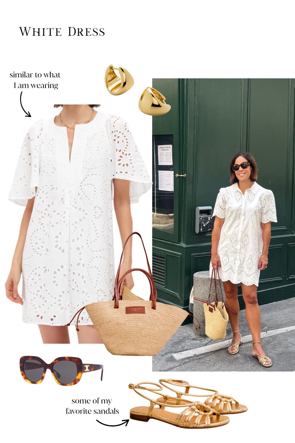 Woman in white dress with gold sandals and basket bag in front of green building.