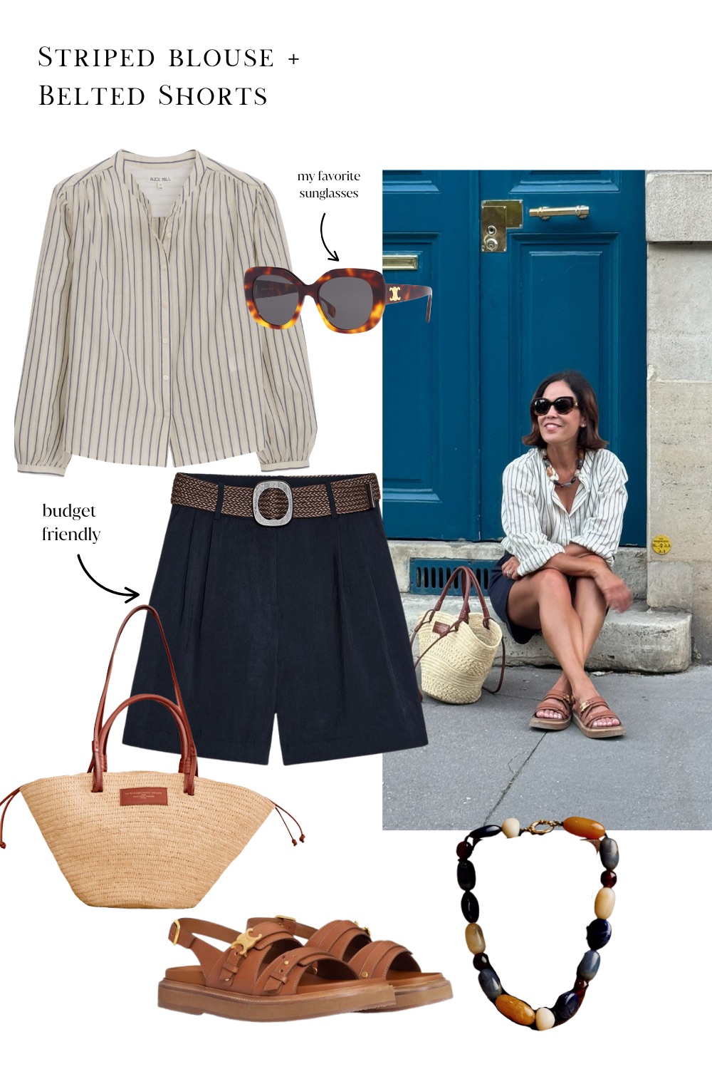 Lady wearing shorts, striped top, and sandals in Paris during the summer season.