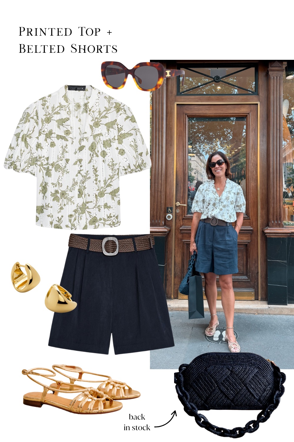Woman wearing navy shorts with gold sandals in Paris.