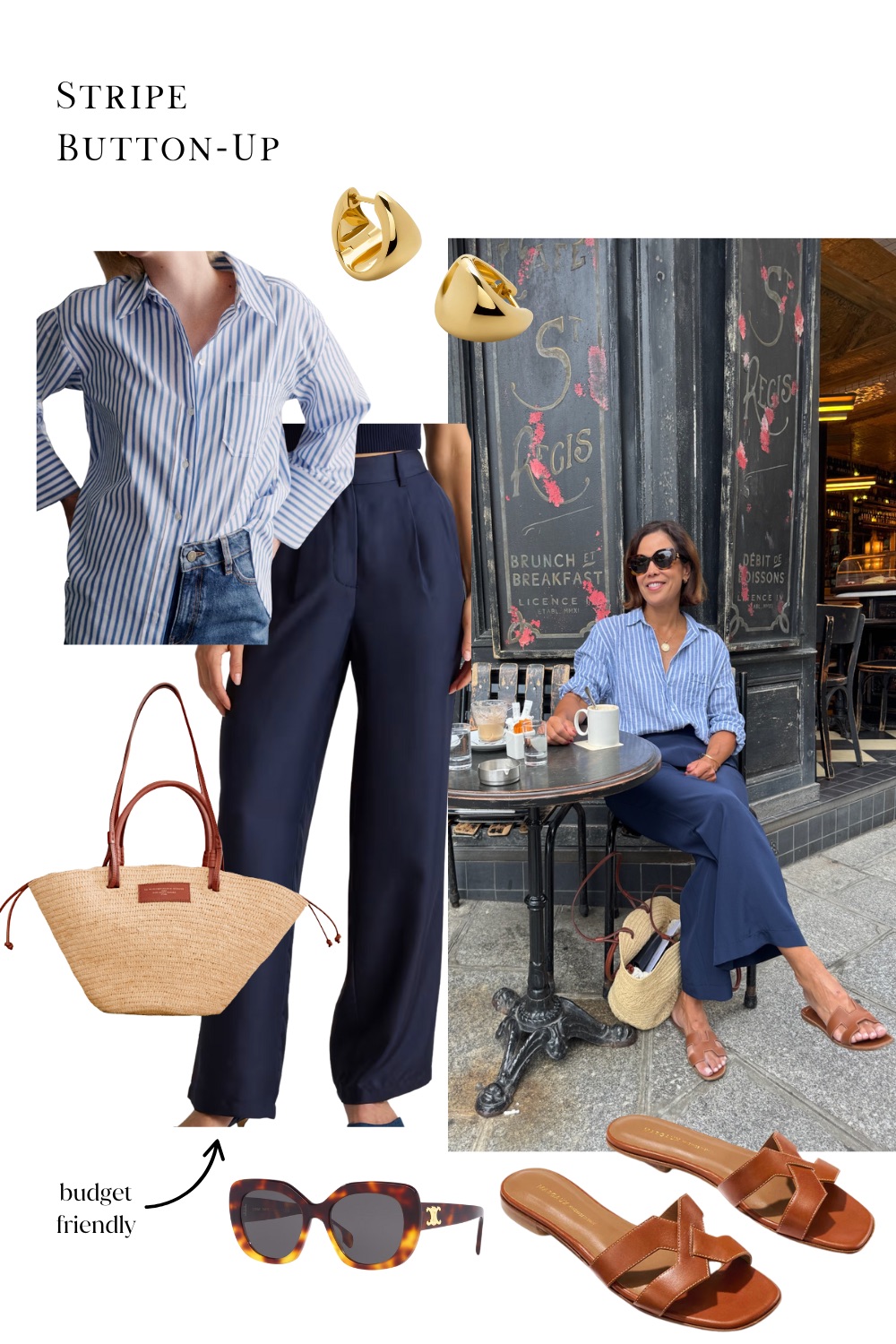 Lady in front of a cafe wearing stripe top with navy silk pants and brown sandals on ile saint louis. 